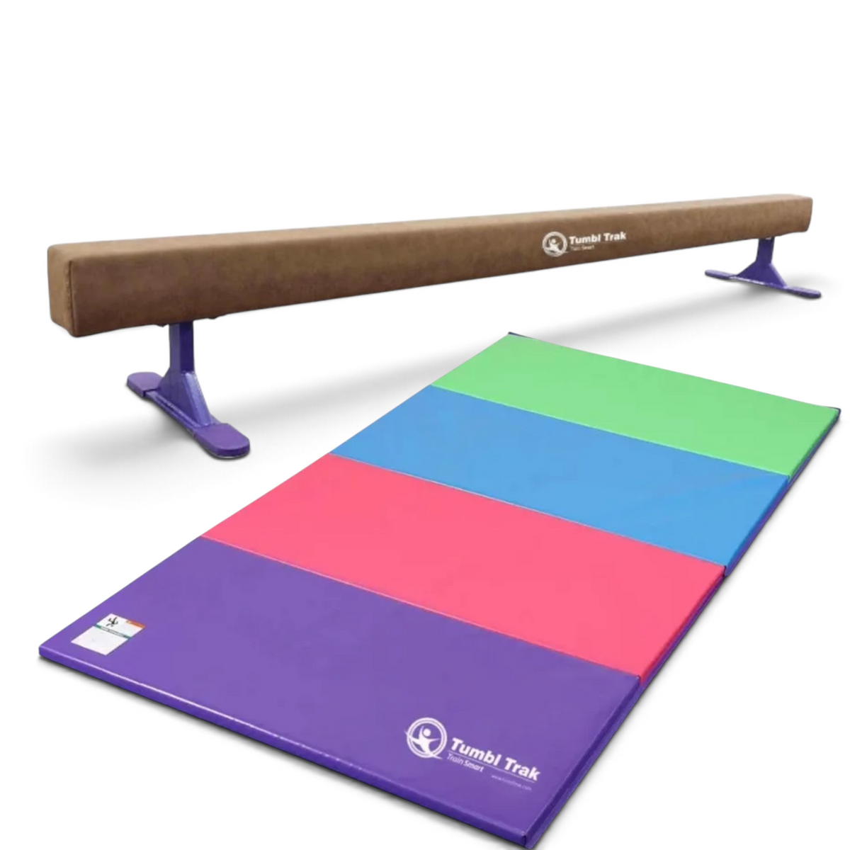 UK Gym Pits Addie Beam with risers and a multi-coloured folding tumbling mat for home gymnastics training.