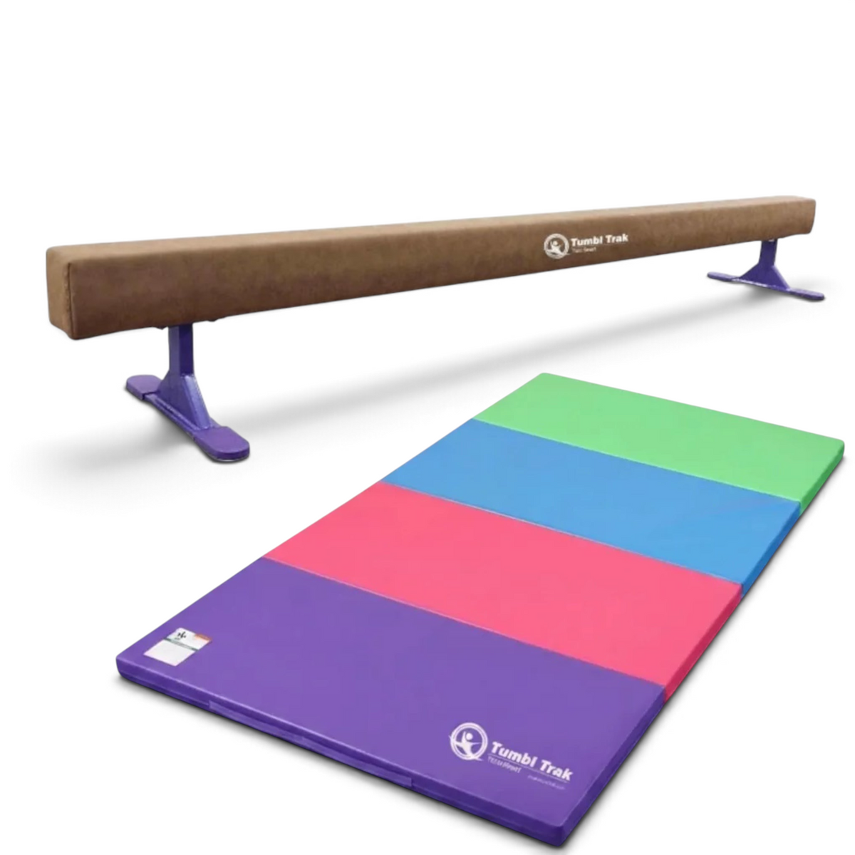 UK Gym Pits Addie beam with risers and a multi-coloured folding tumbling mat for home gymnastics training.