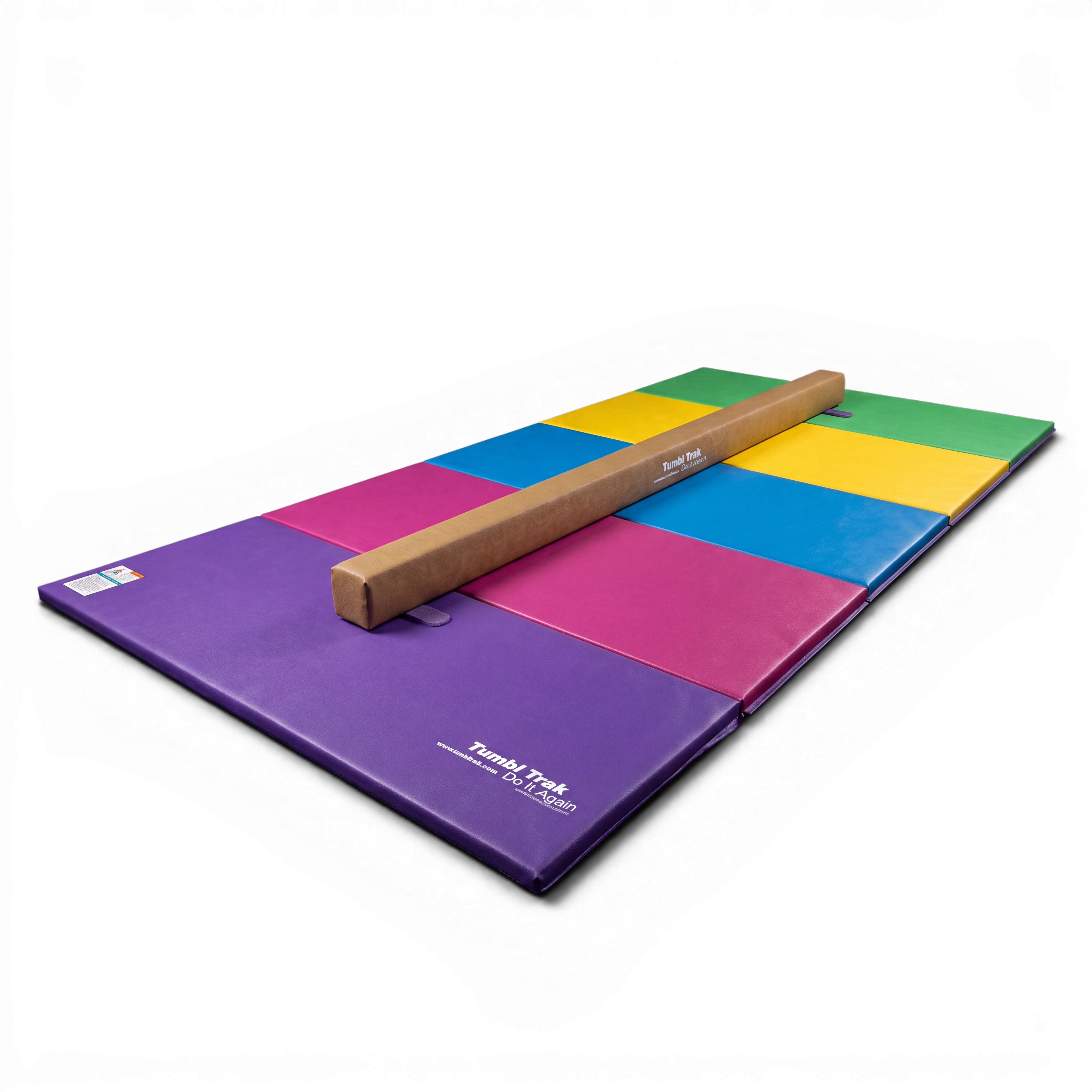 UK Gym Pits Addie Beam and multi-coloured folding tumbling mat set for home gymnastics training