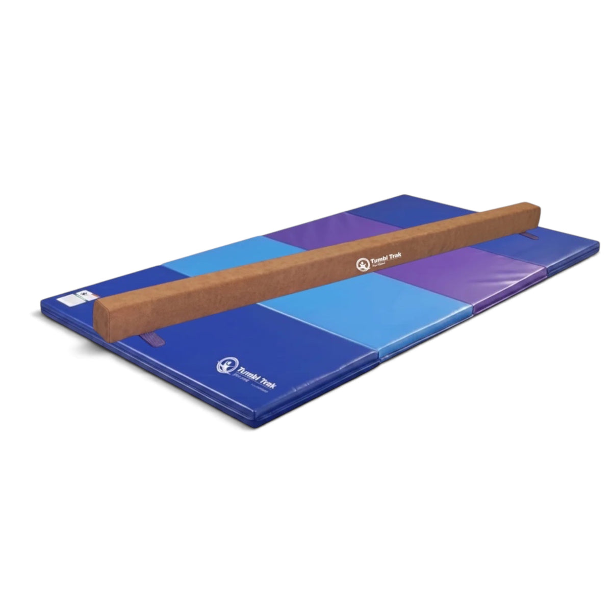 UK Gym Pits Addie beam with synthetic suede finish placed on a blue and purple folding tumbling mat for home training.