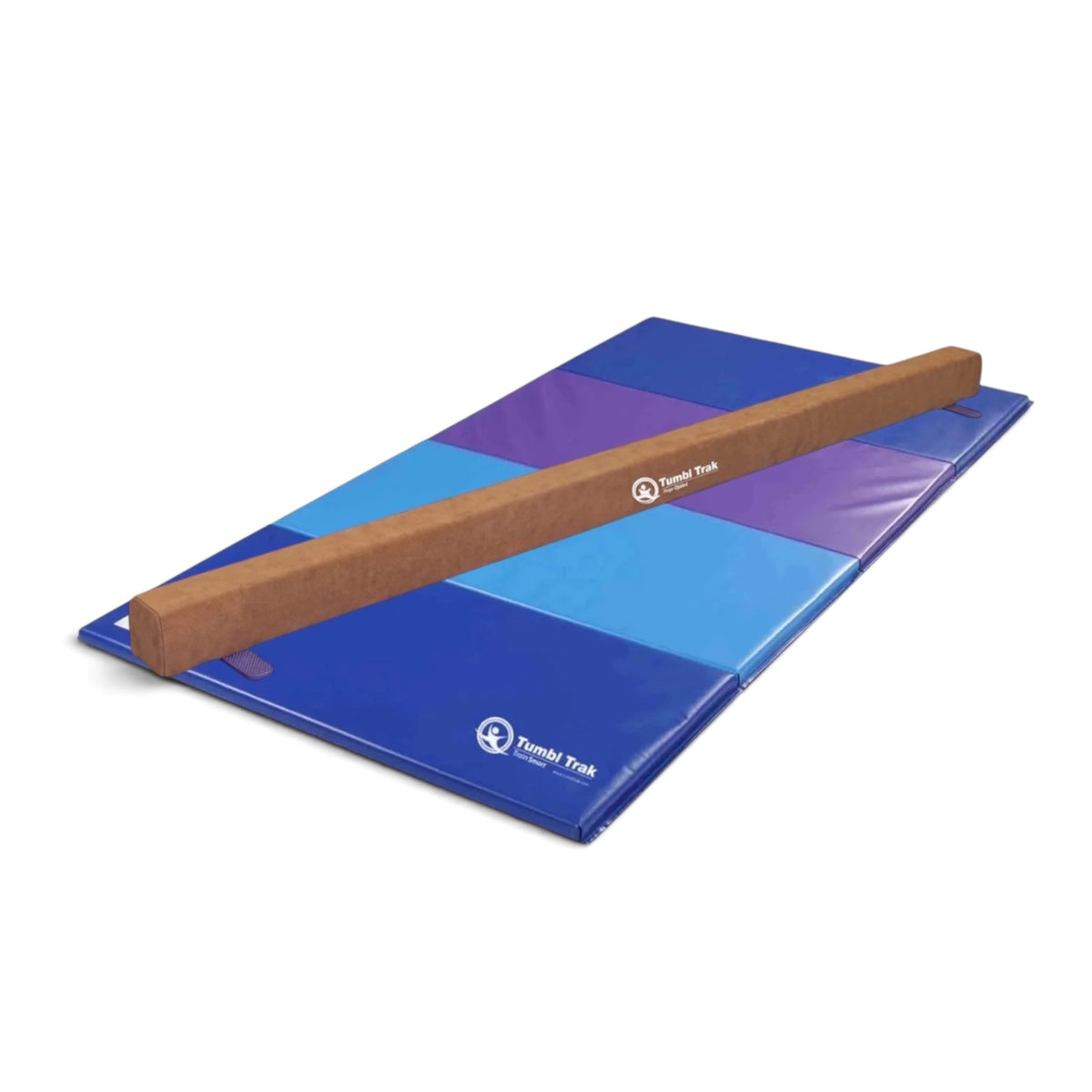 UK Gym Pits Addie beam with synthetic suede finish placed on a blue and purple folding gymnastics tumbling mat.