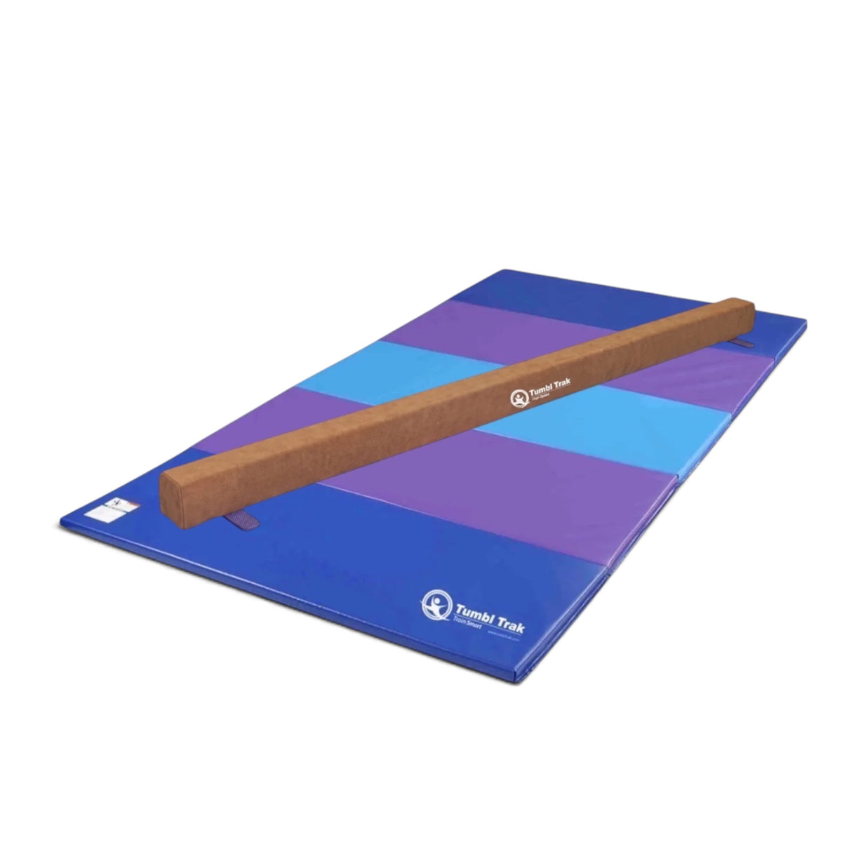 UK Gym Pits Addie beam with a blue and purple folding tumbling mat for home gymnastics training.