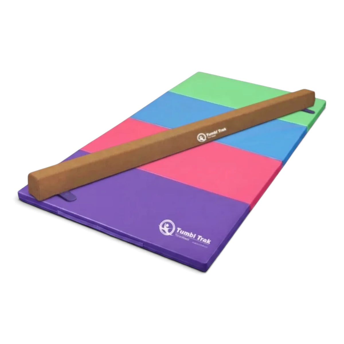 UK Gym Pits Addie beam with a multi-coloured folding tumbling mat for home gymnastics training.