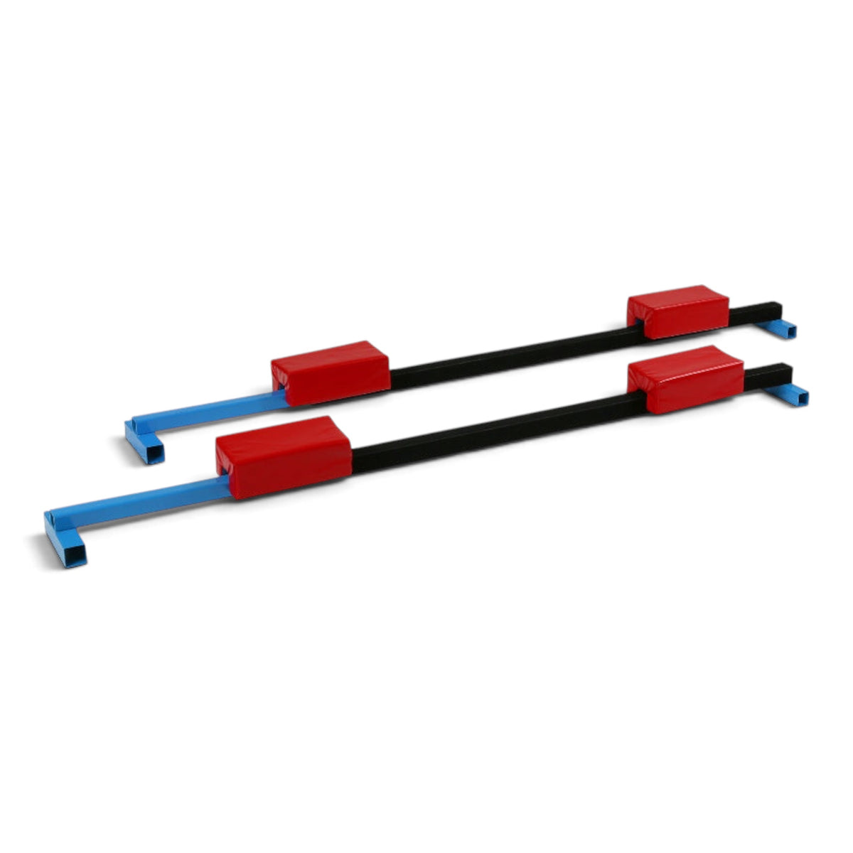UK Gym Pits adjustable metal cross supports with red safety padding for gymnastics vaulting stations