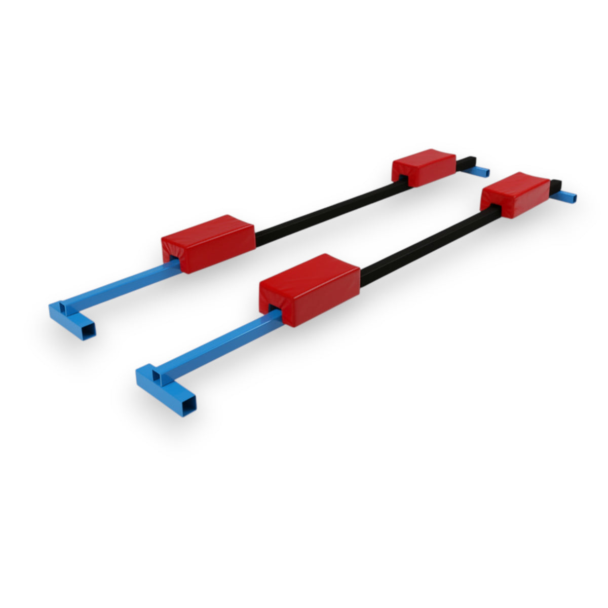UK Gym Pits adjustable metal cross supports with red safety padding for tumbling tracks and vaulting stations