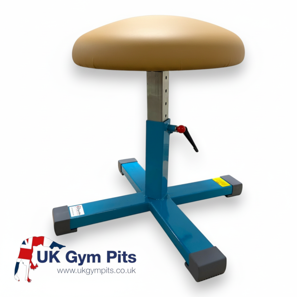 UK Gym Pits height adjustable gymnastics training mushroom with a tan leatherette top and blue steel base.