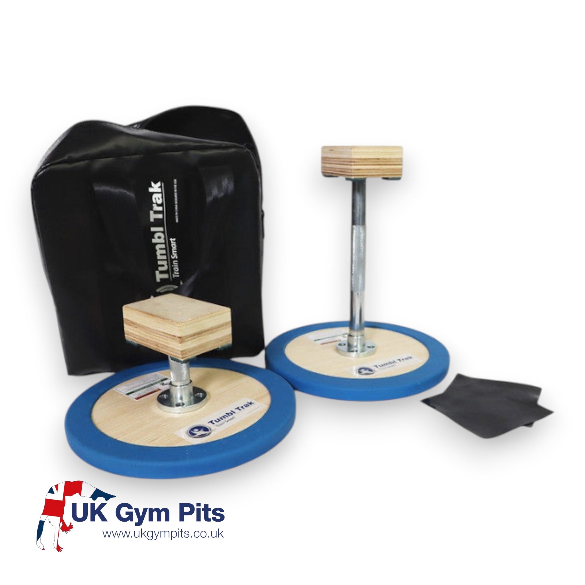 UK Gym Pits 3 in 1 adjustable handstand canes with wooden blocks, blue bases, steel posts, and a black carrying bag.