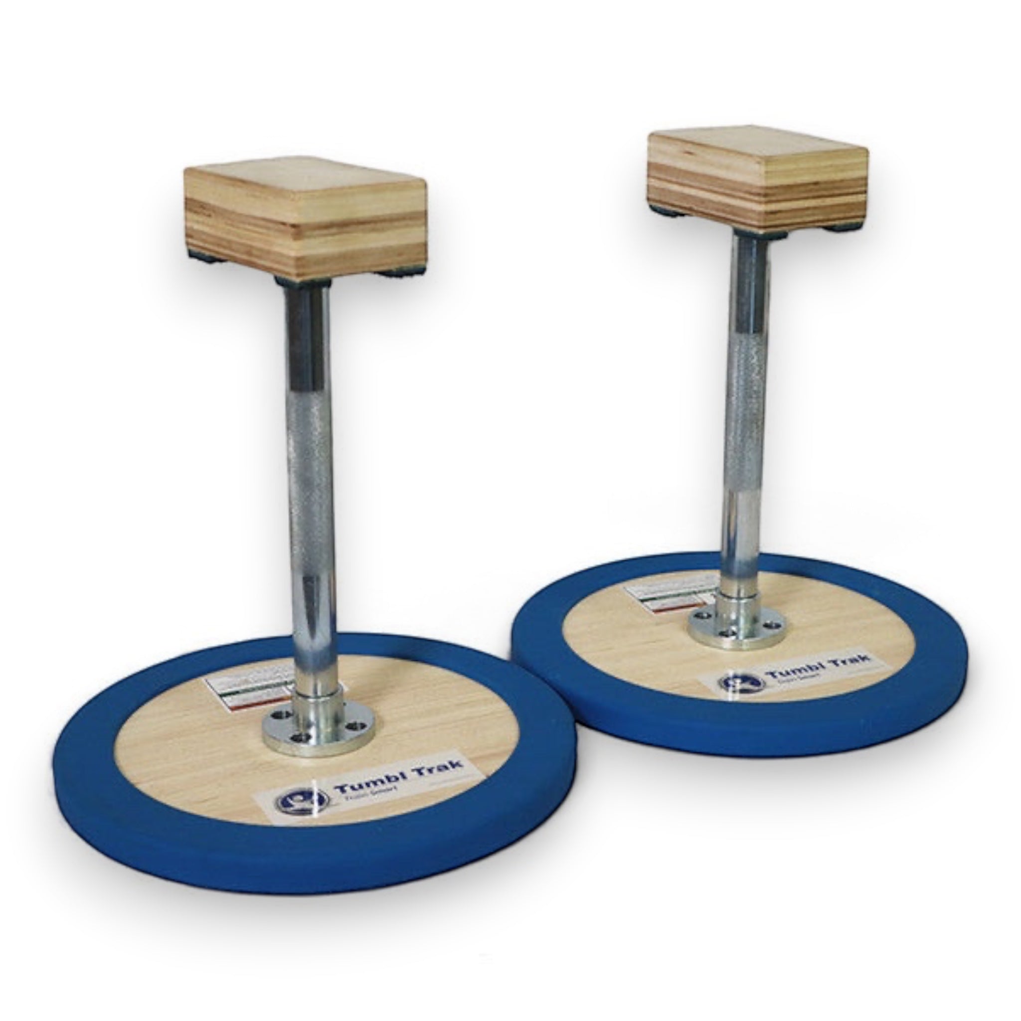 UK Gym Pits 3 in 1 adjustable handstand canes with wooden blocks, steel posts, and blue non-slip circular bases.