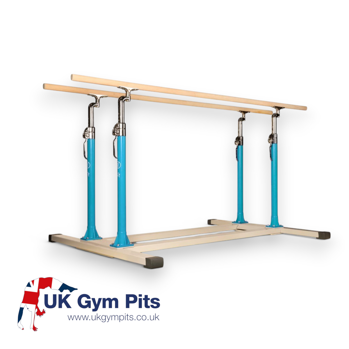 UK Gym Pits adjustable parallel bars with blue steel frame and wooden bars for gymnastics training