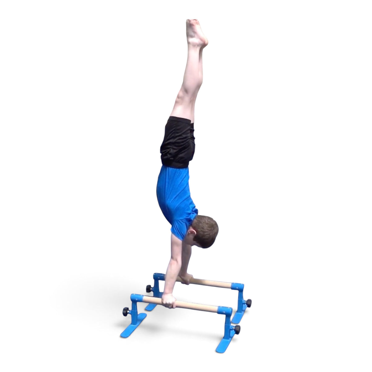 UK Gym Pits adjustable height parallette bars with blue steel frames and wood grips used for a gymnast handstand
