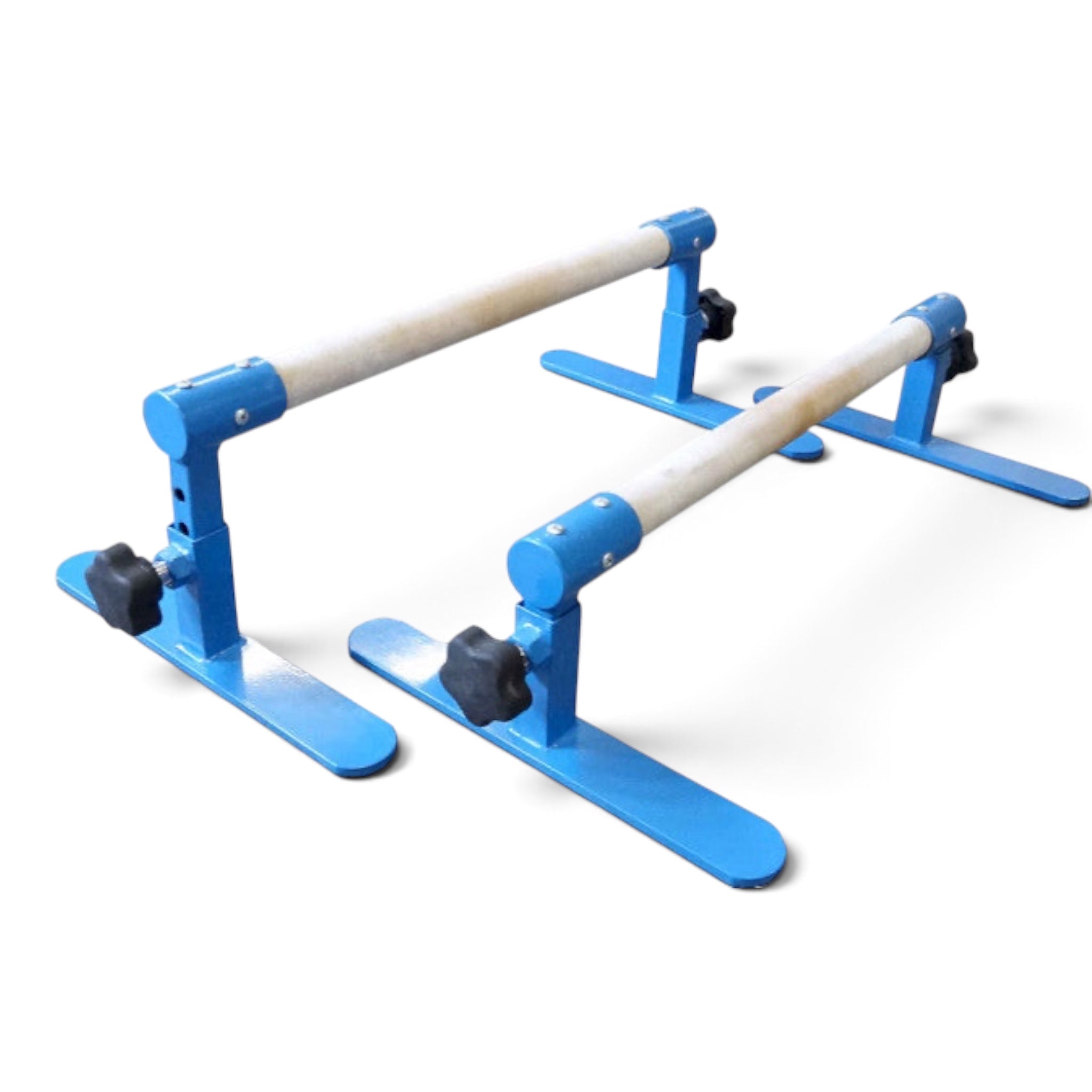UK Gym Pits adjustable height parallette bars with blue steel frames and solid wood bars for gymnastic training