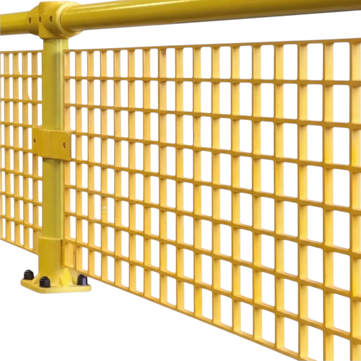 UK Gym Pits yellow GRP adjustable swivel bend connector installed on a safety handrail system with mesh paneling