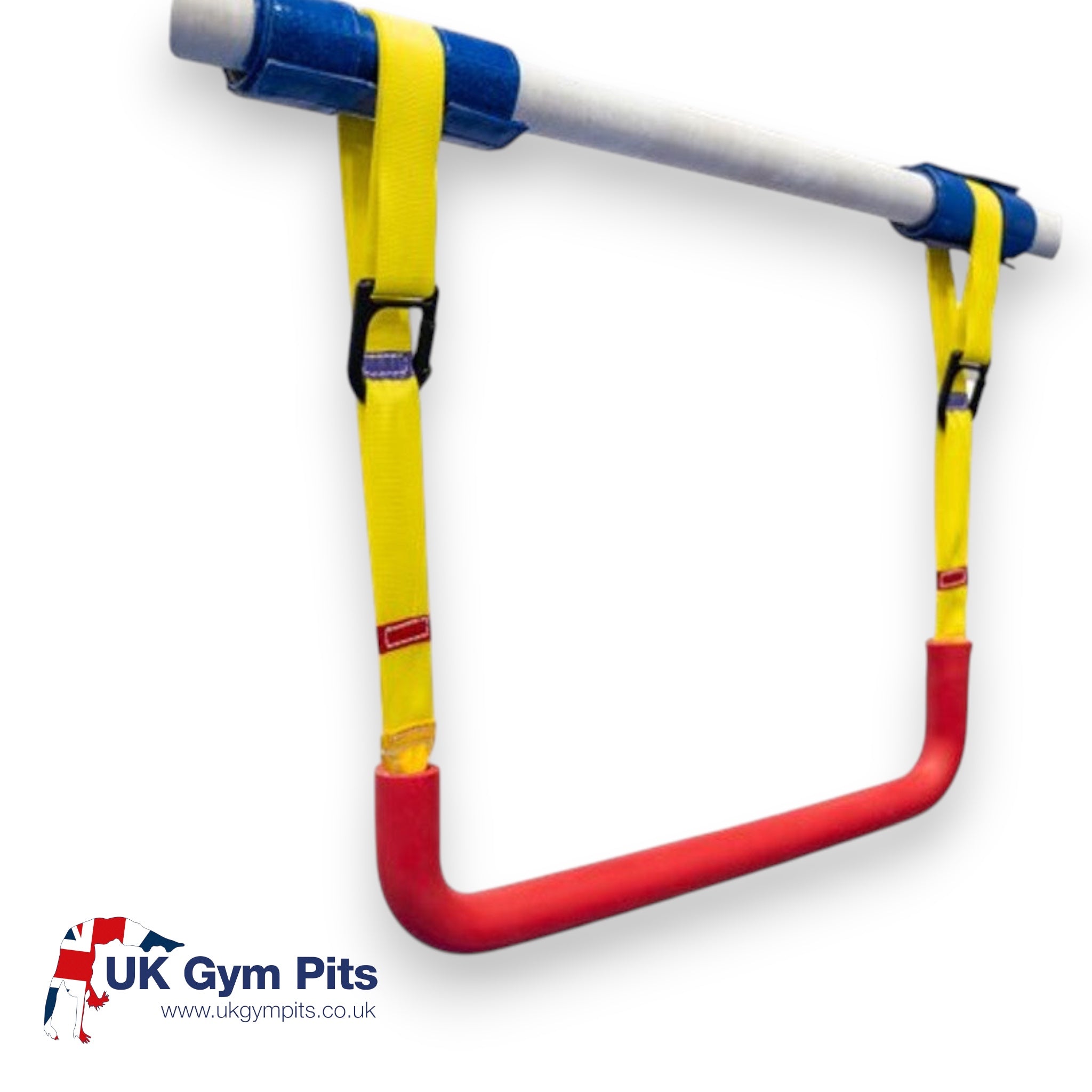 UK Gym Pits adjustable trapeze bar with red rubber grip, yellow nylon straps, and blue protective pads on a white bar