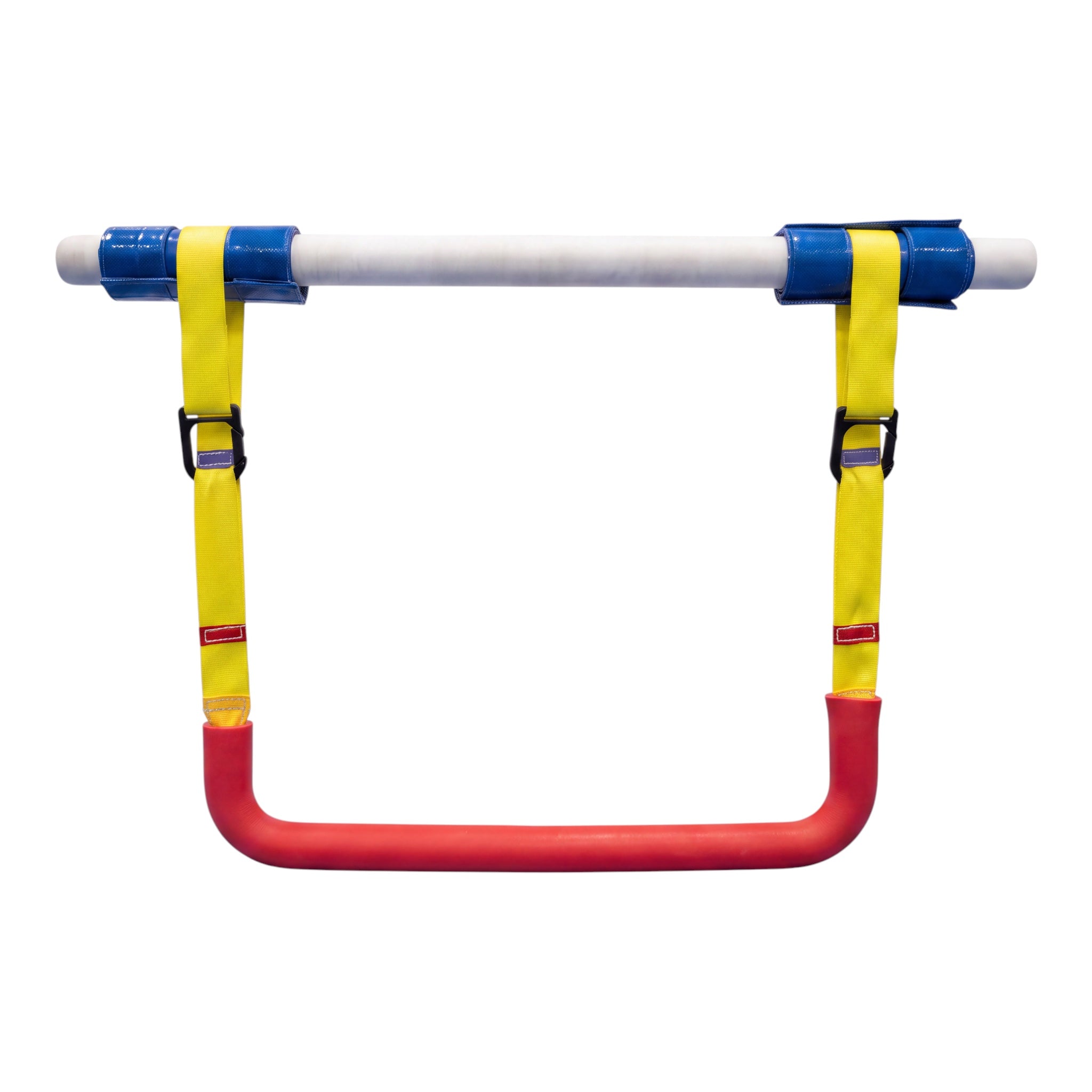 UK Gym Pits adjustable trapeze bar with red rubber grip, yellow nylon straps, and blue suede-lined bar protectors.