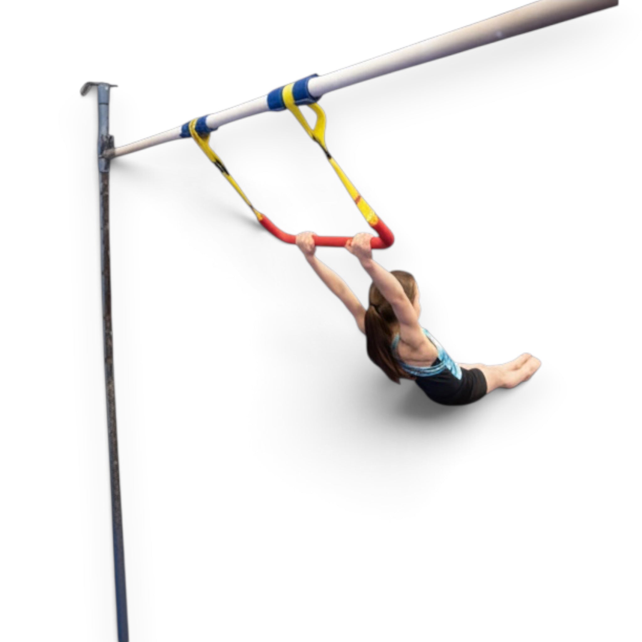 UK Gym Pits adjustable trapeze bar with red rubber grip and yellow straps being used by a gymnast in a training gym