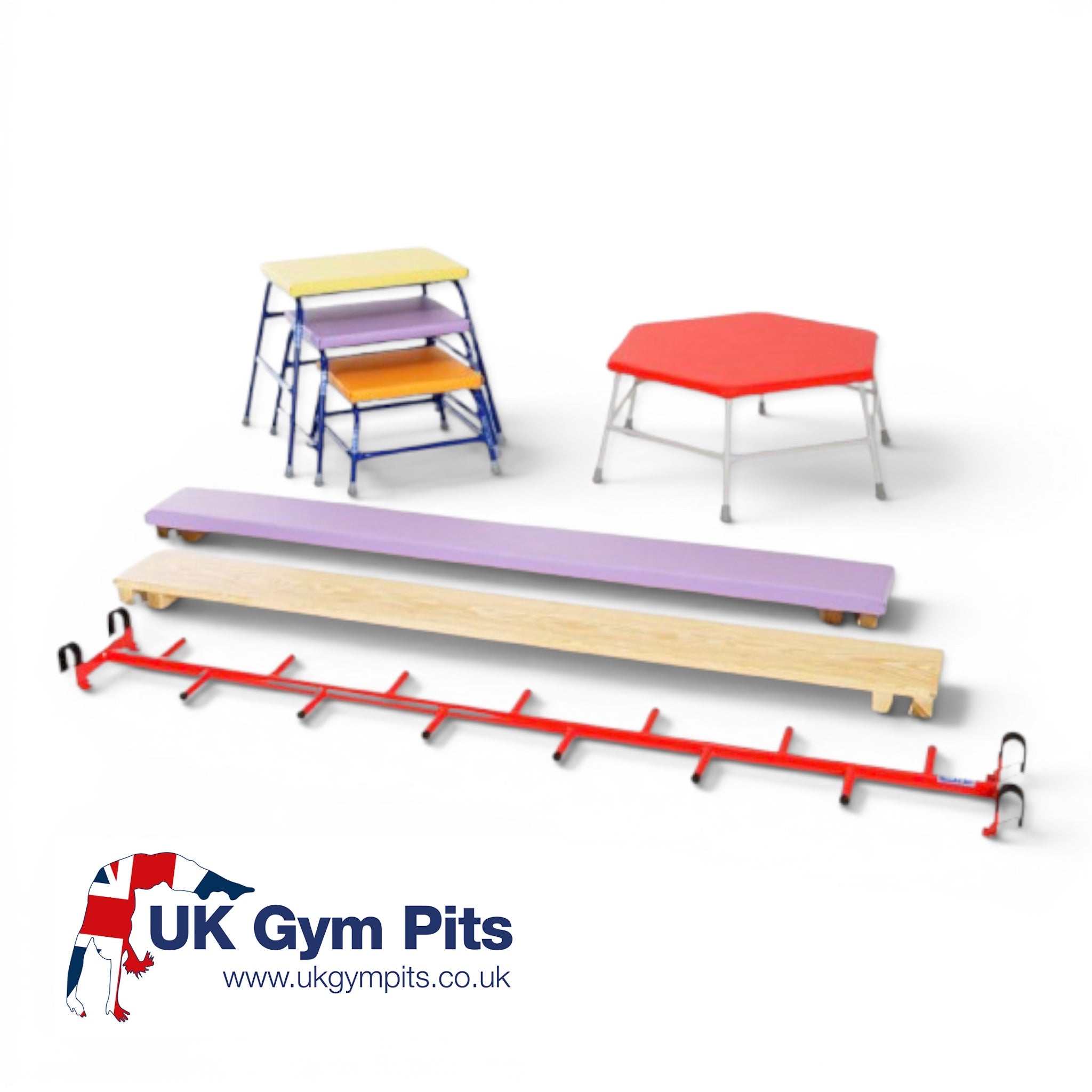 UK Gym Pits 7-piece Key Stage 1 agility equipment set with colourful tables, balance planks, and a red cat ladder.