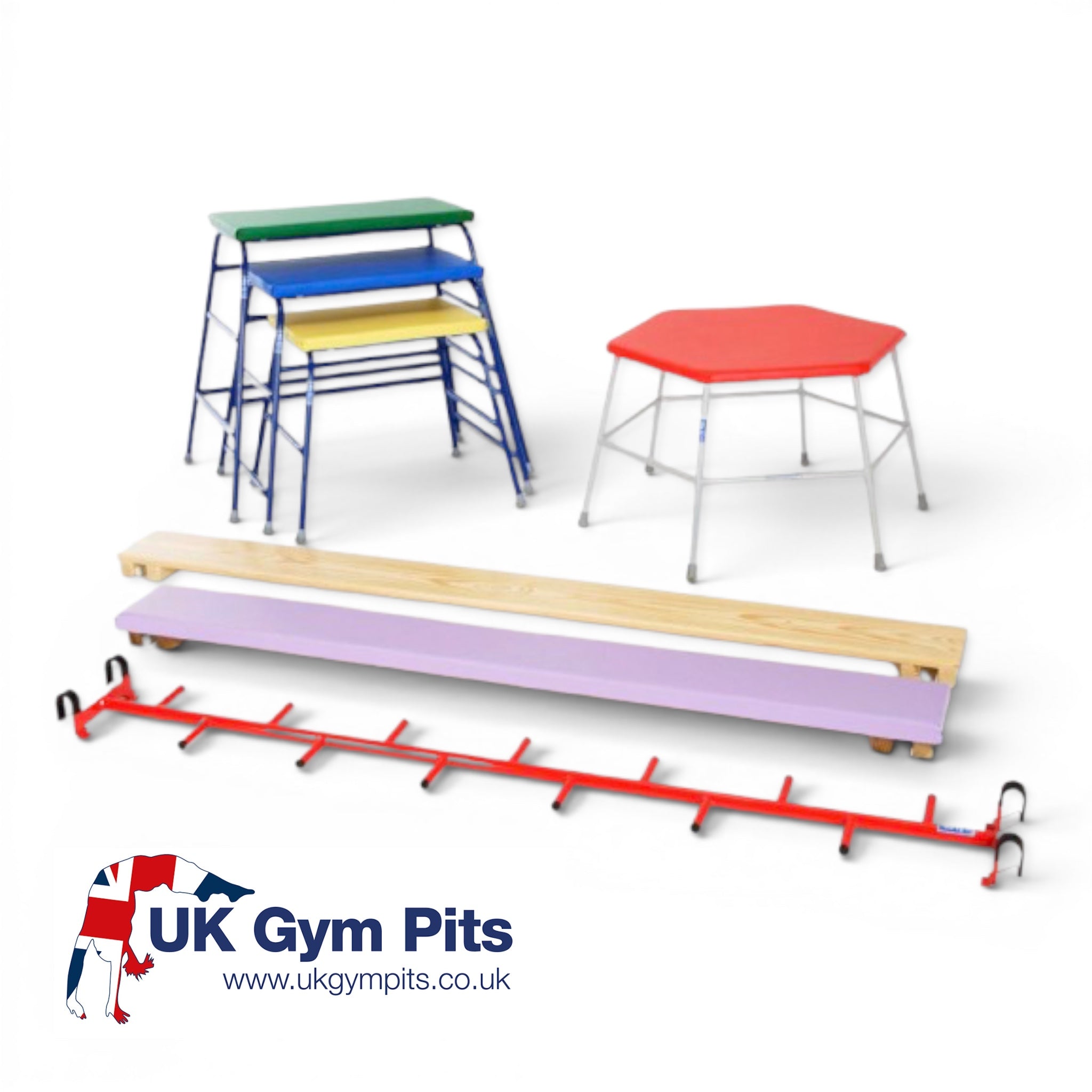 UK Gym Pits 7-piece Key Stage 2 agility equipment set including colourful tables, planks, and a linking cat ladder.
