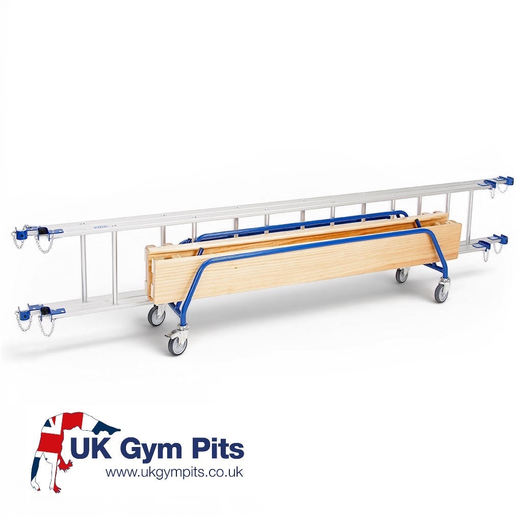UK Gym Pits blue powder coated steel trolley transporting a long metal ladder and wooden agility equipment
