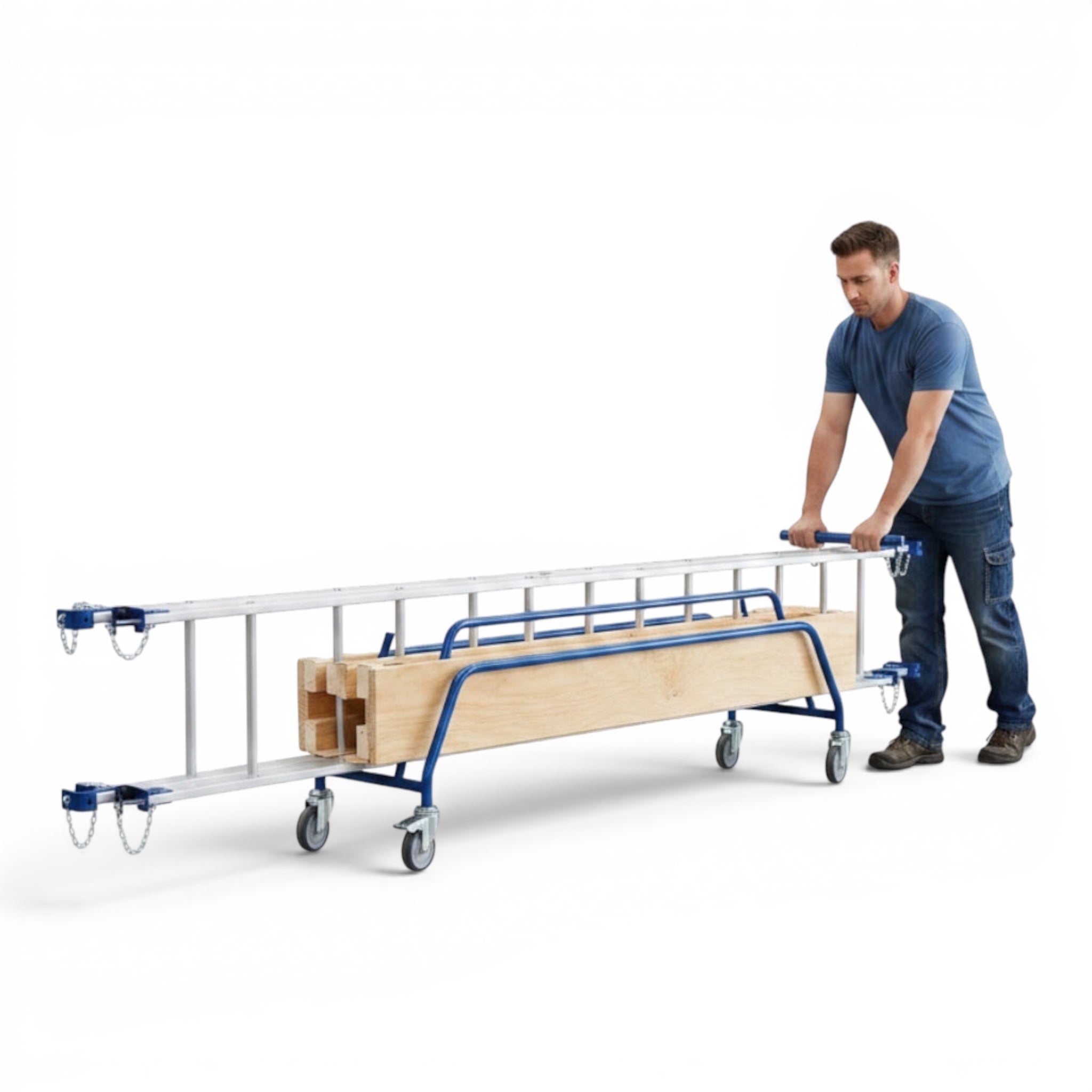 UK Gym Pits blue powder coated steel trolley transporting wooden agility linking equipment with non-marking wheels