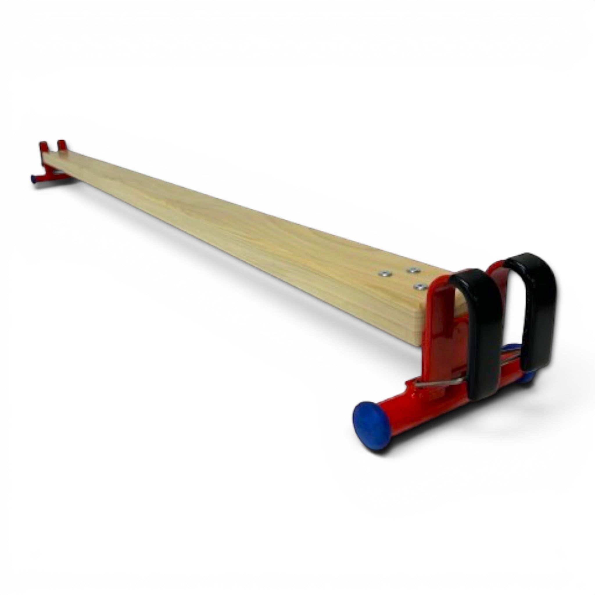 UK Gym Pits agility linking beam made of natural timber with red metal feet, hooks, and anti-slip rubber ends.