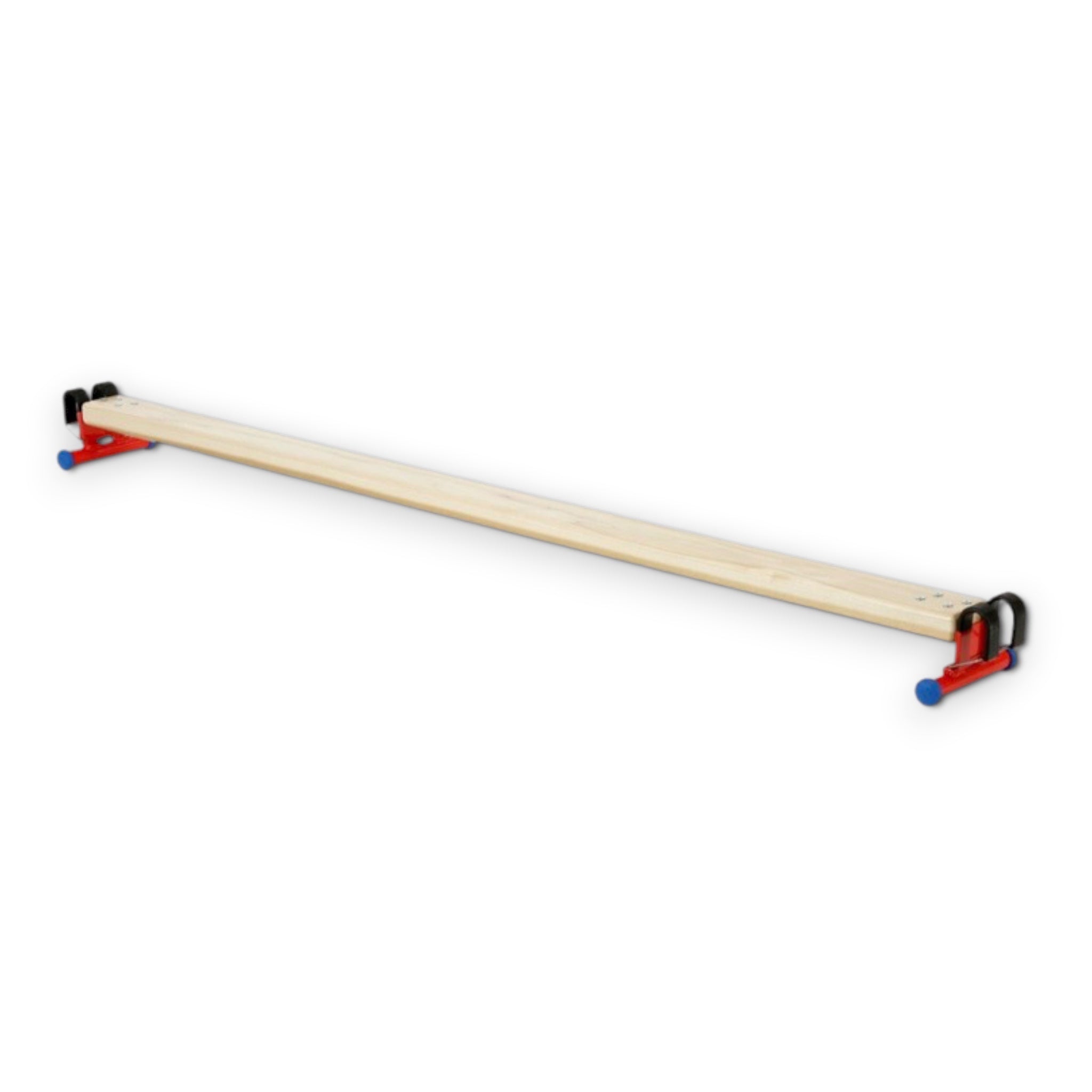 UK Gym Pits agility linking beam with natural wood surface, red metal ends, and safety hooks for gym equipment