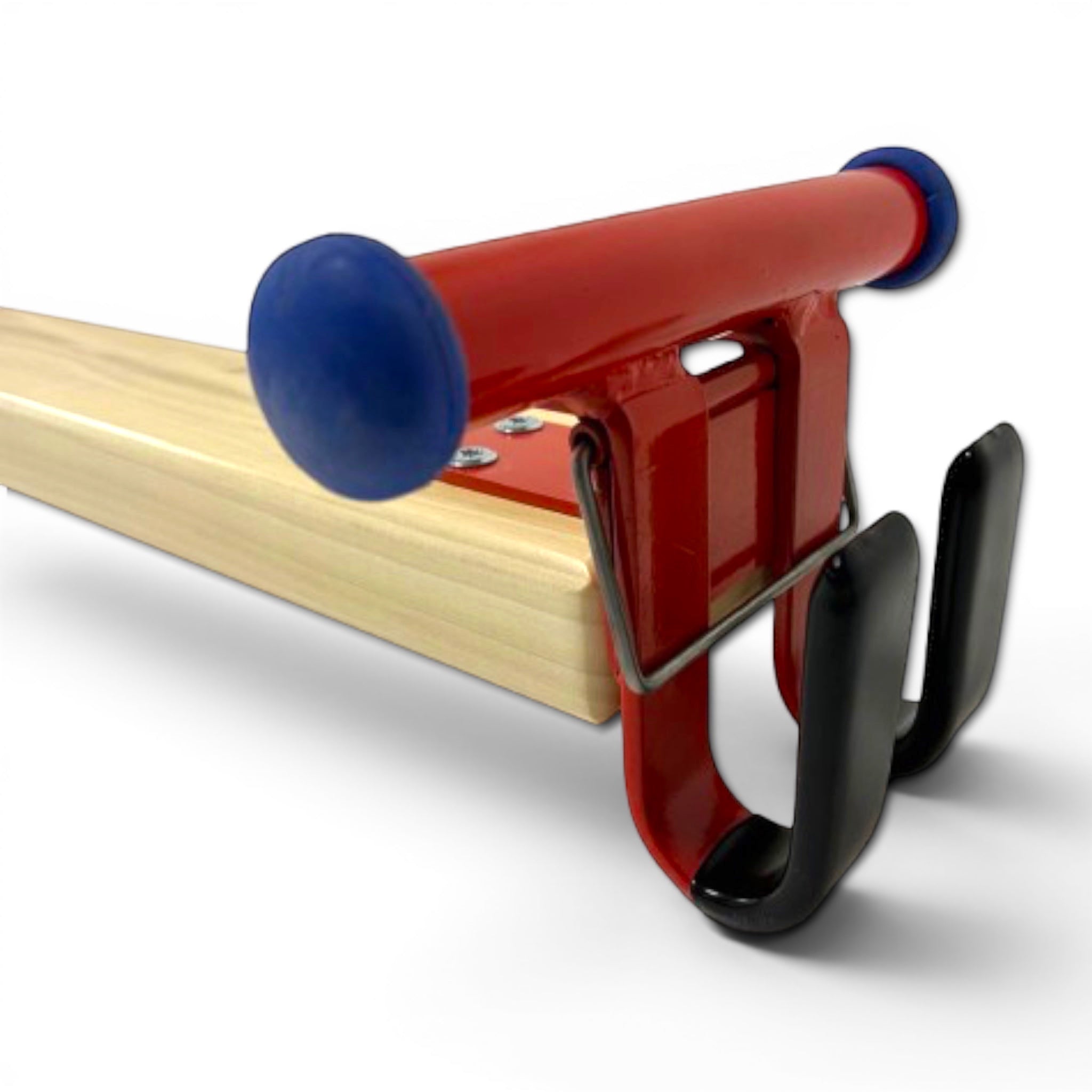 UK Gym Pits agility linking beam made of natural timber with red powder coated metal hooks and safety clips