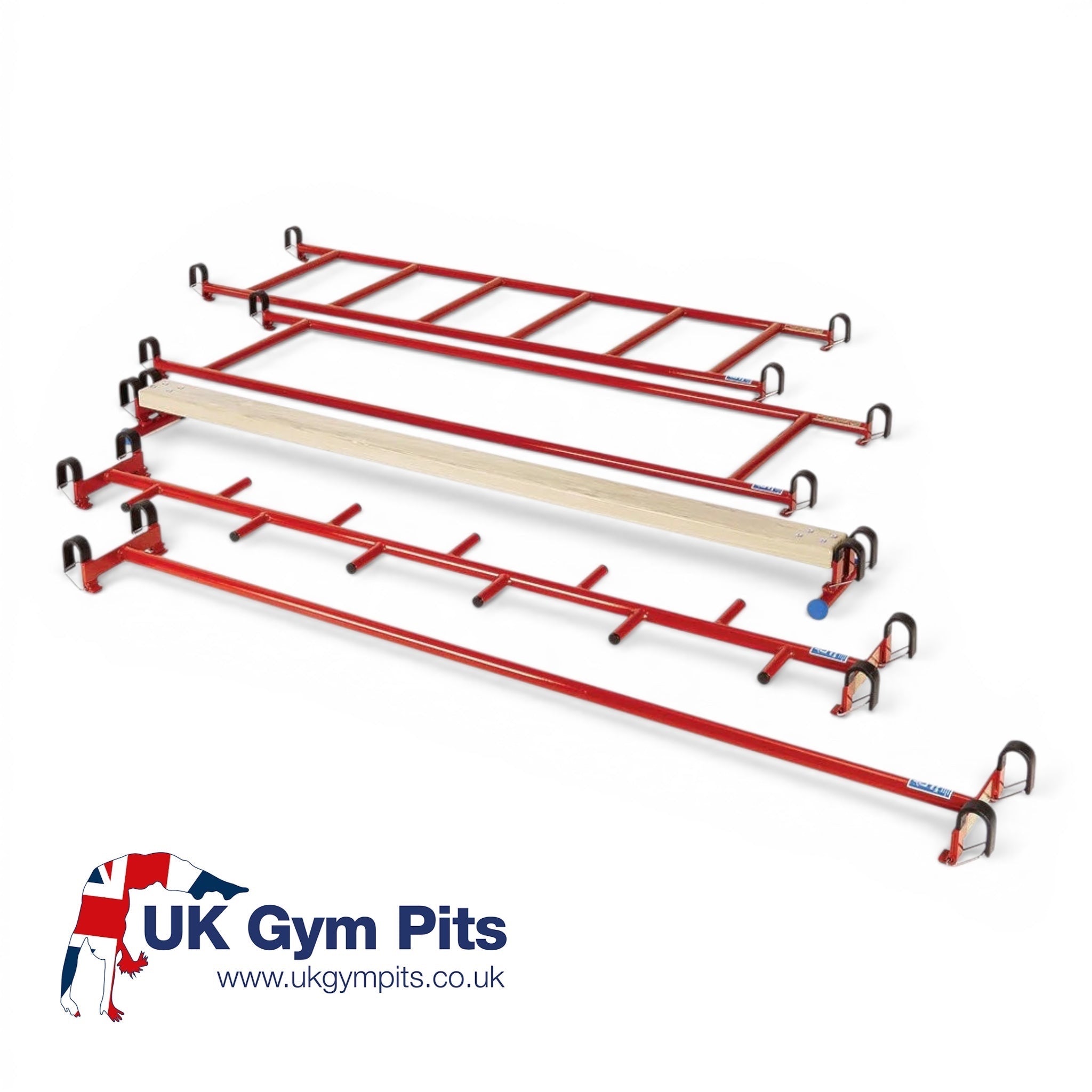 UK Gym Pits agility linking equipment set featuring red metal frames, ladders, beams, and poles with safety hooks.