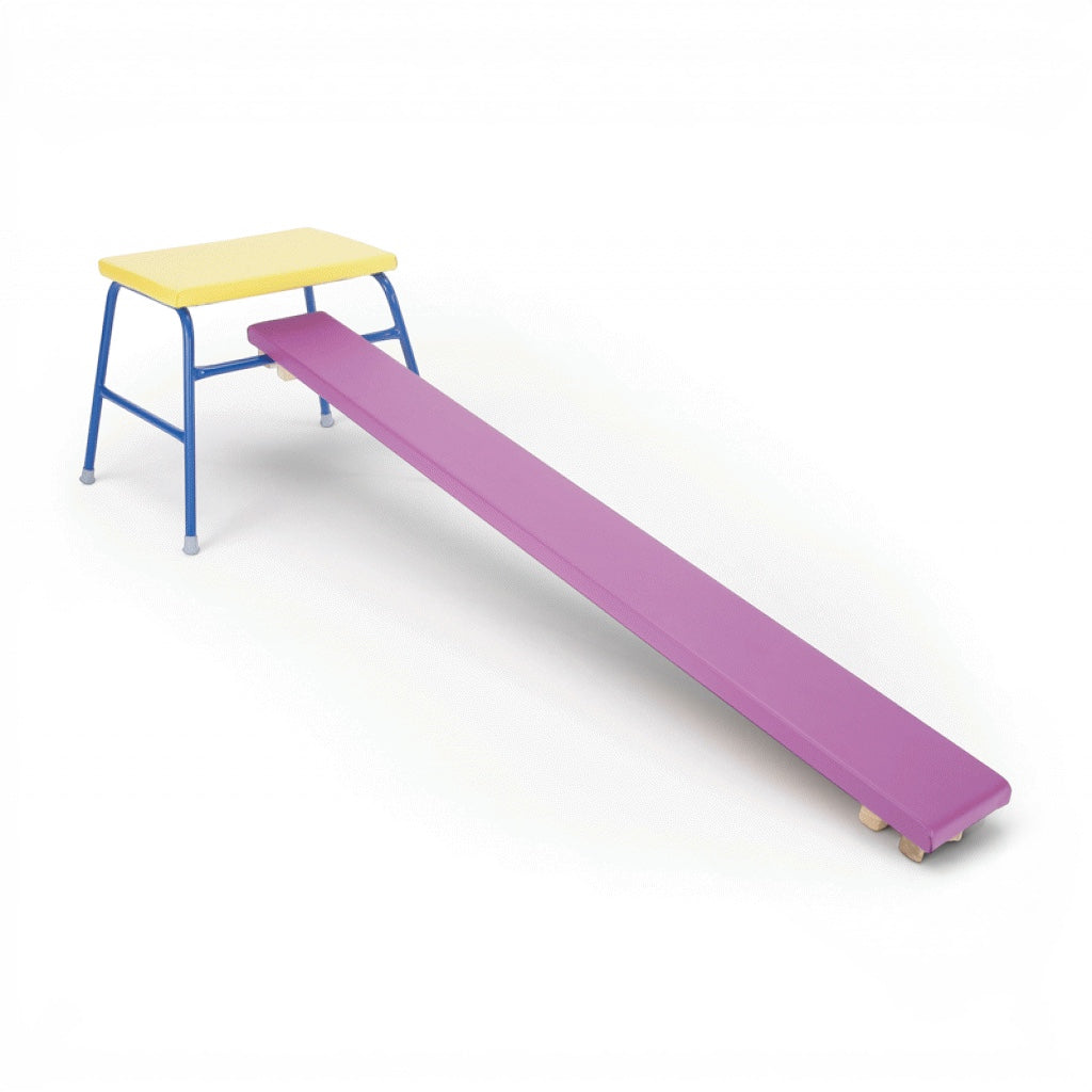 UK Gym Pits Key Stage 2 agility equipment featuring a yellow-topped table linked to a purple padded balance plank.