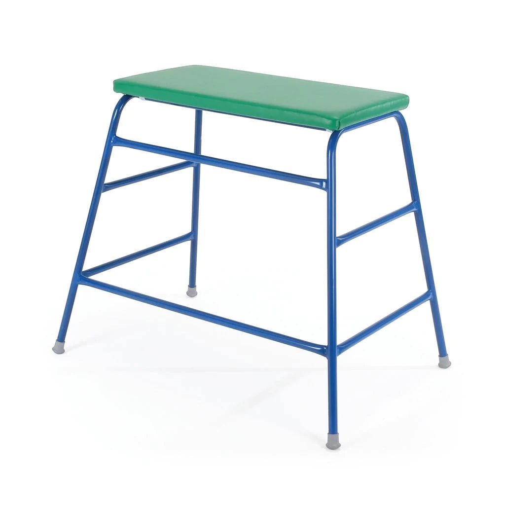 UK Gym Pits agility table with a green padded top and blue metal frame for Key Stage 2 gymnastics training