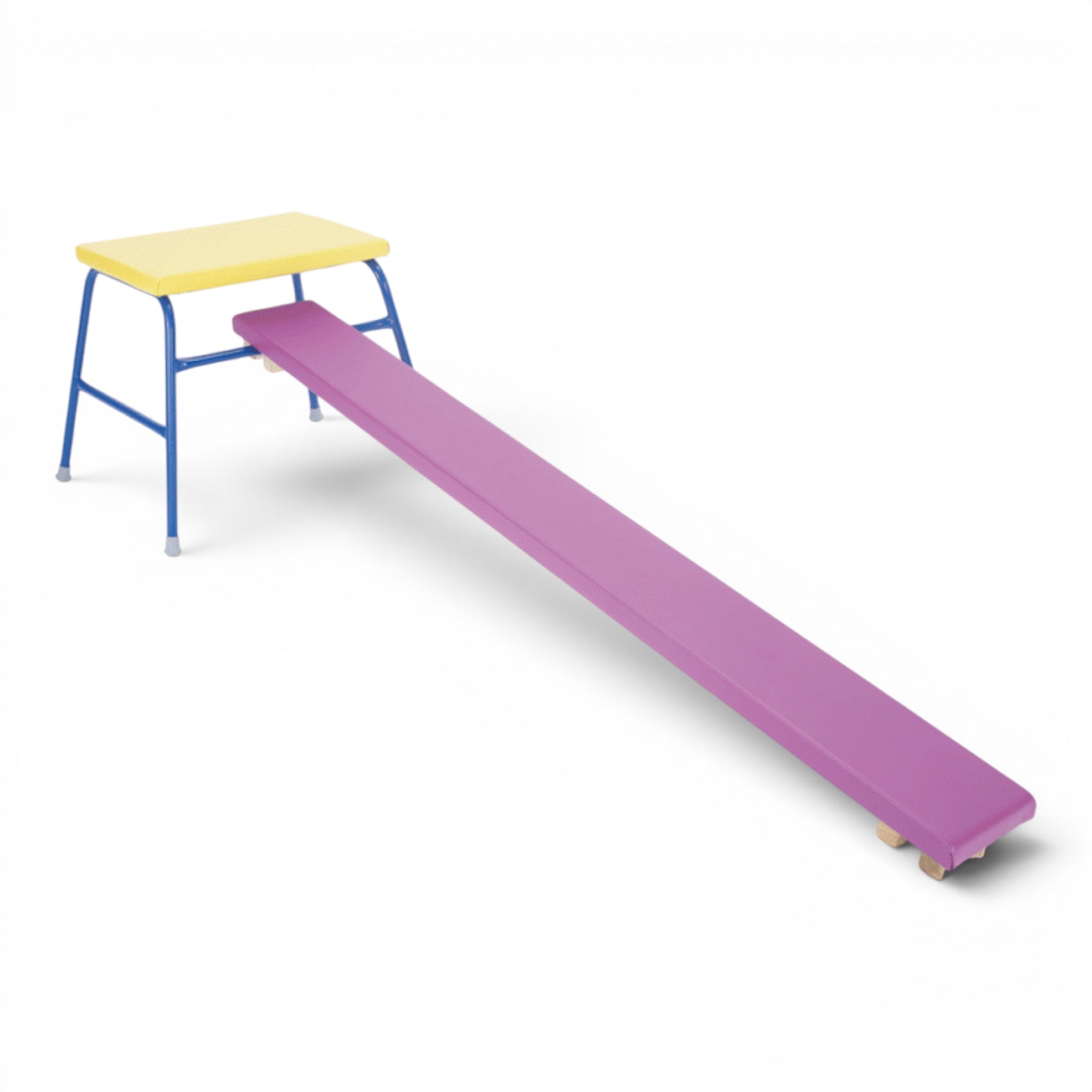UK Gym Pits Key Stage 1 agility equipment set featuring a yellow table and a purple padded balance plank