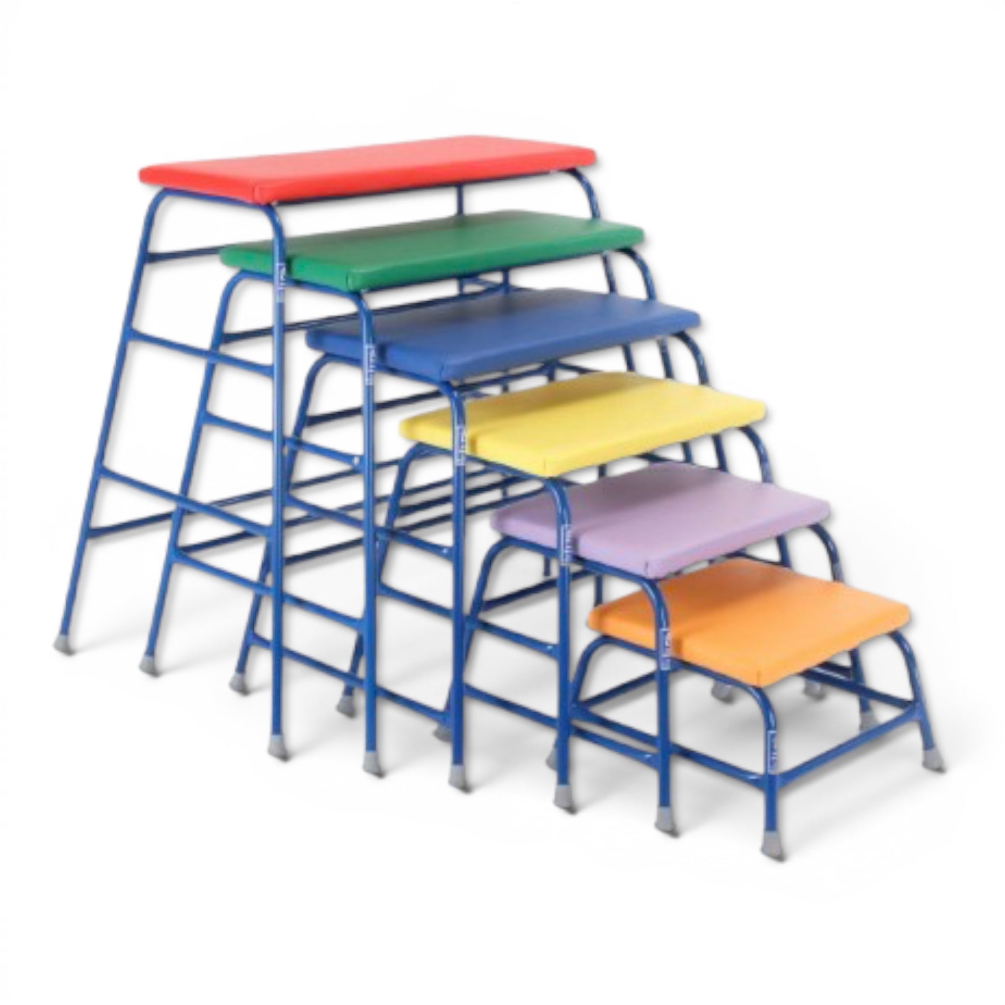 UK Gym Pits agility table set with six colourful padded PVC tops and blue powder coated steel frames for gym use