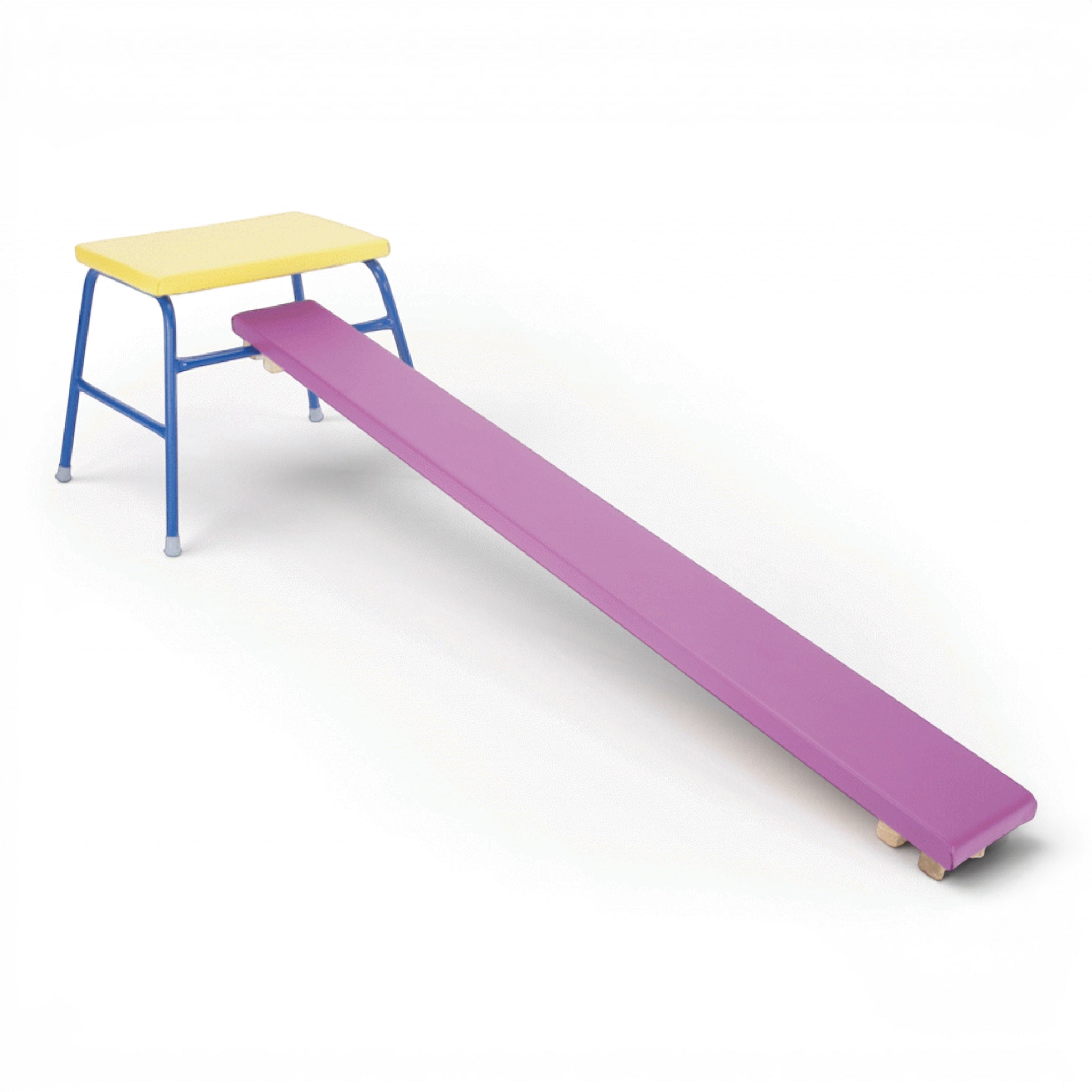 UK Gym Pits agility equipment set featuring a yellow trestle and a purple padded balance plank for school gymnastics.
