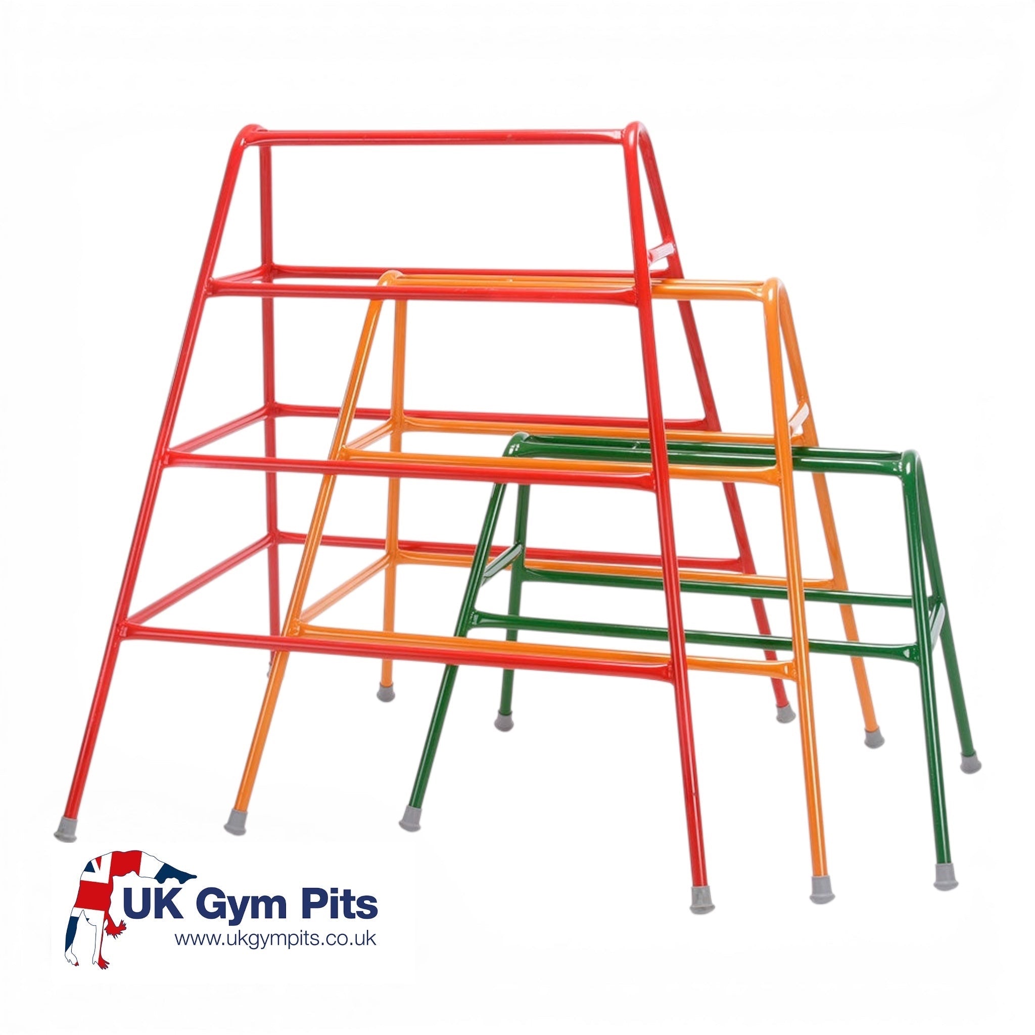 UK Gym Pits set of three red, amber, and green powder-coated steel agility trestles with non-slip rubber feet.
