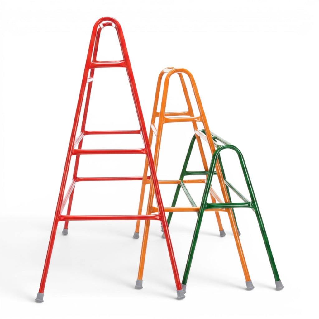 UK Gym Pits set of three red, amber, and green powder-coated steel agility trestles with non-slip rubber feet.