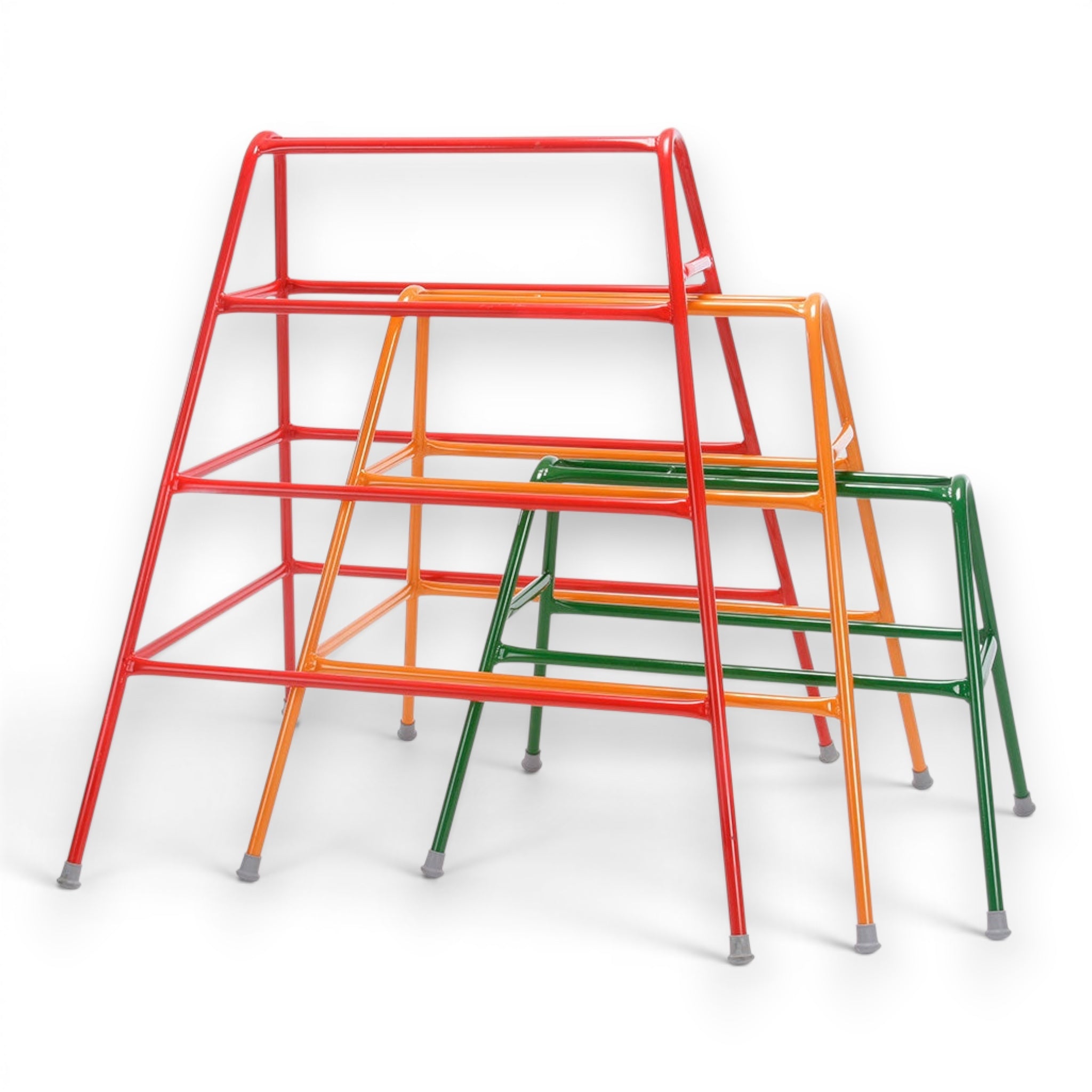 UK Gym Pits activ agility trestles in red, orange, and green tubular steel for children's gymnastics training.
