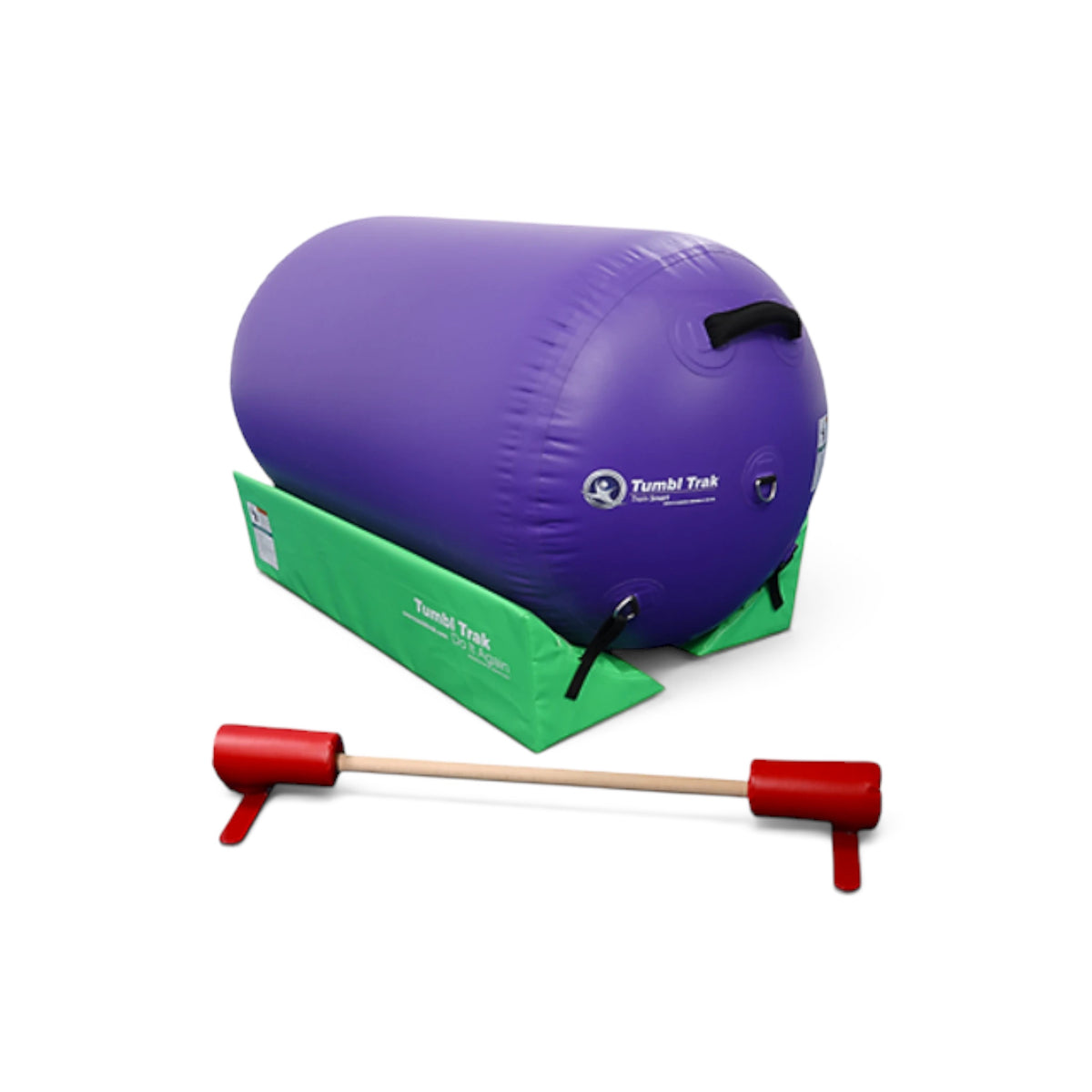 UK Gym Pits air barrel in purple with a lime green cradle and a wooden floor bar for gymnastics training.