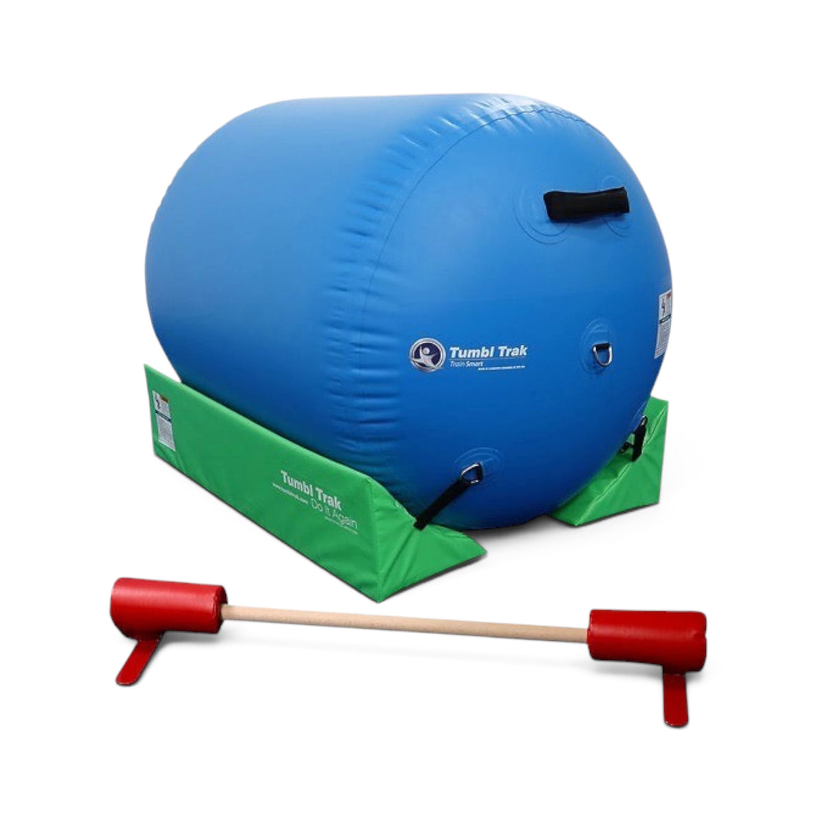 UK Gym Pits air barrel with lime green cradle and floor bar for gymnastics training and tumbling drills