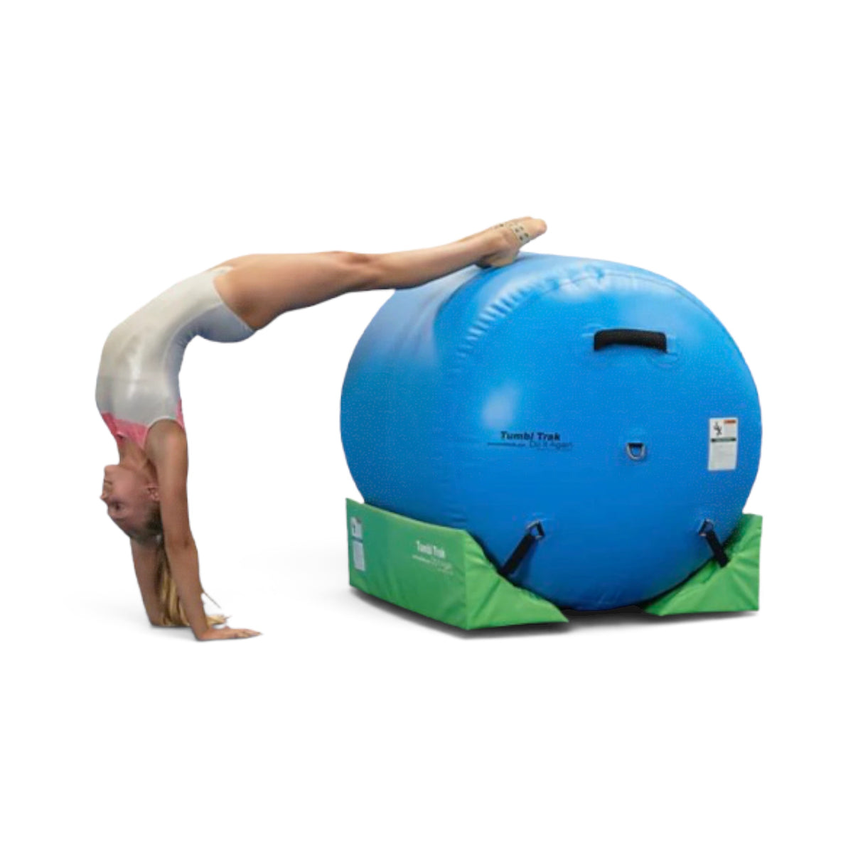 UK Gym Pits air barrel with lime green cradle being used by a gymnast in a backbend for training