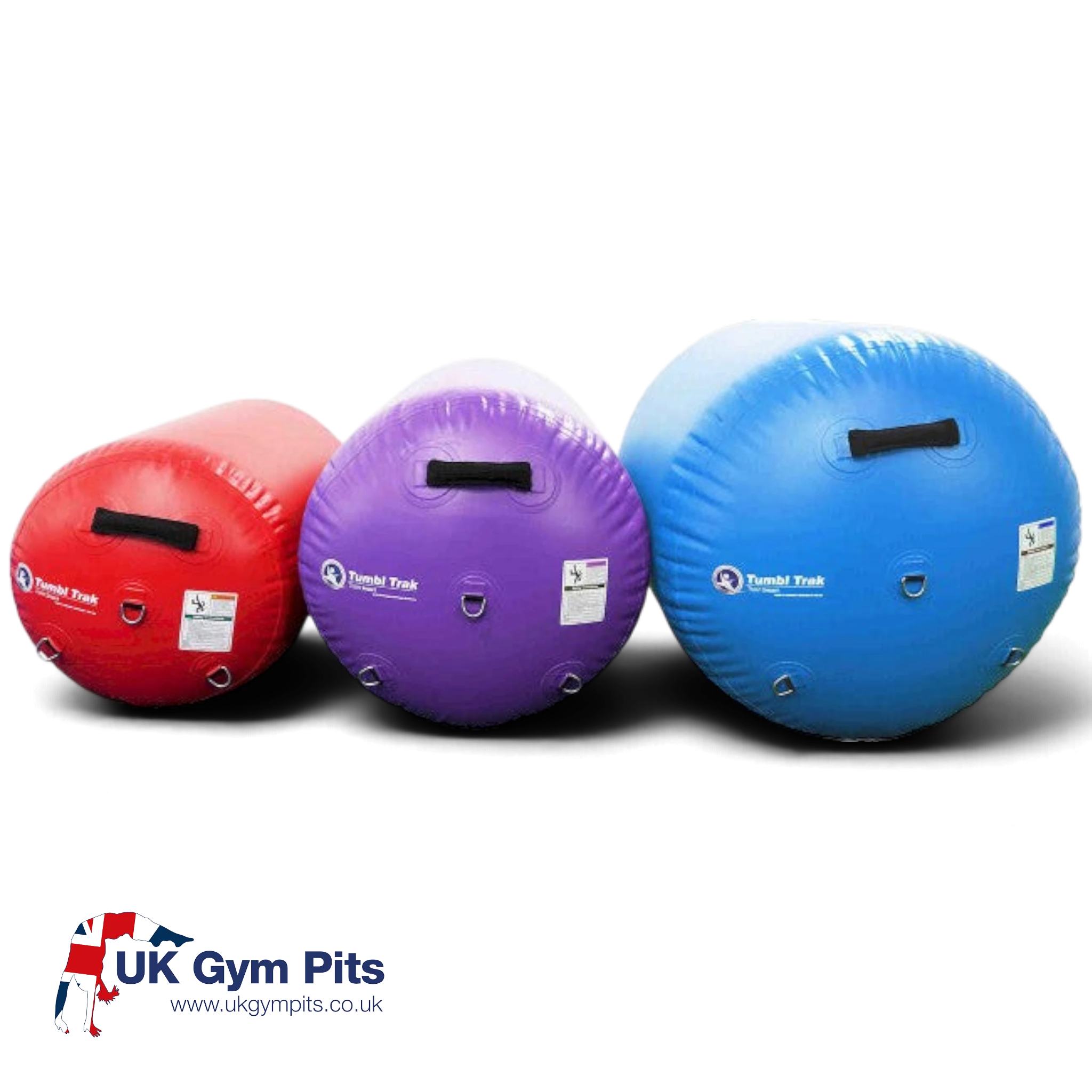 UK Gym Pits air barrels in red, purple, and sky blue sizes for gymnastics training with handles and D-ring anchors.