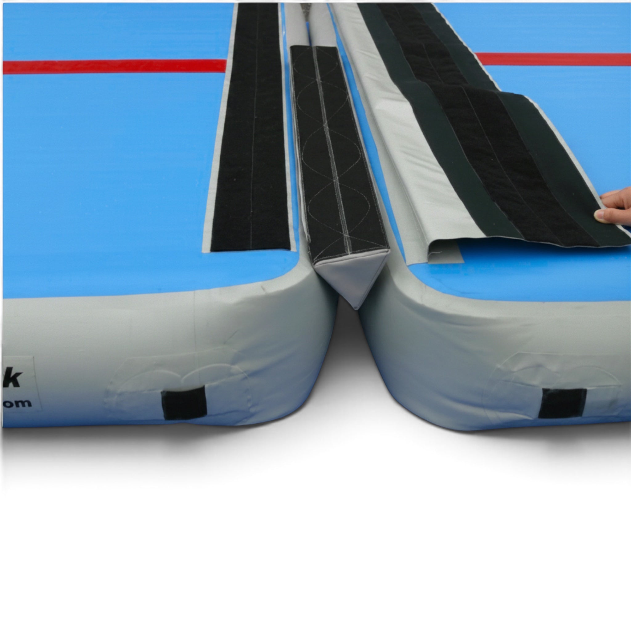 UK Gym Pits Air Floor Pro foam wedge fillers connecting two blue air tracks with velcro flaps