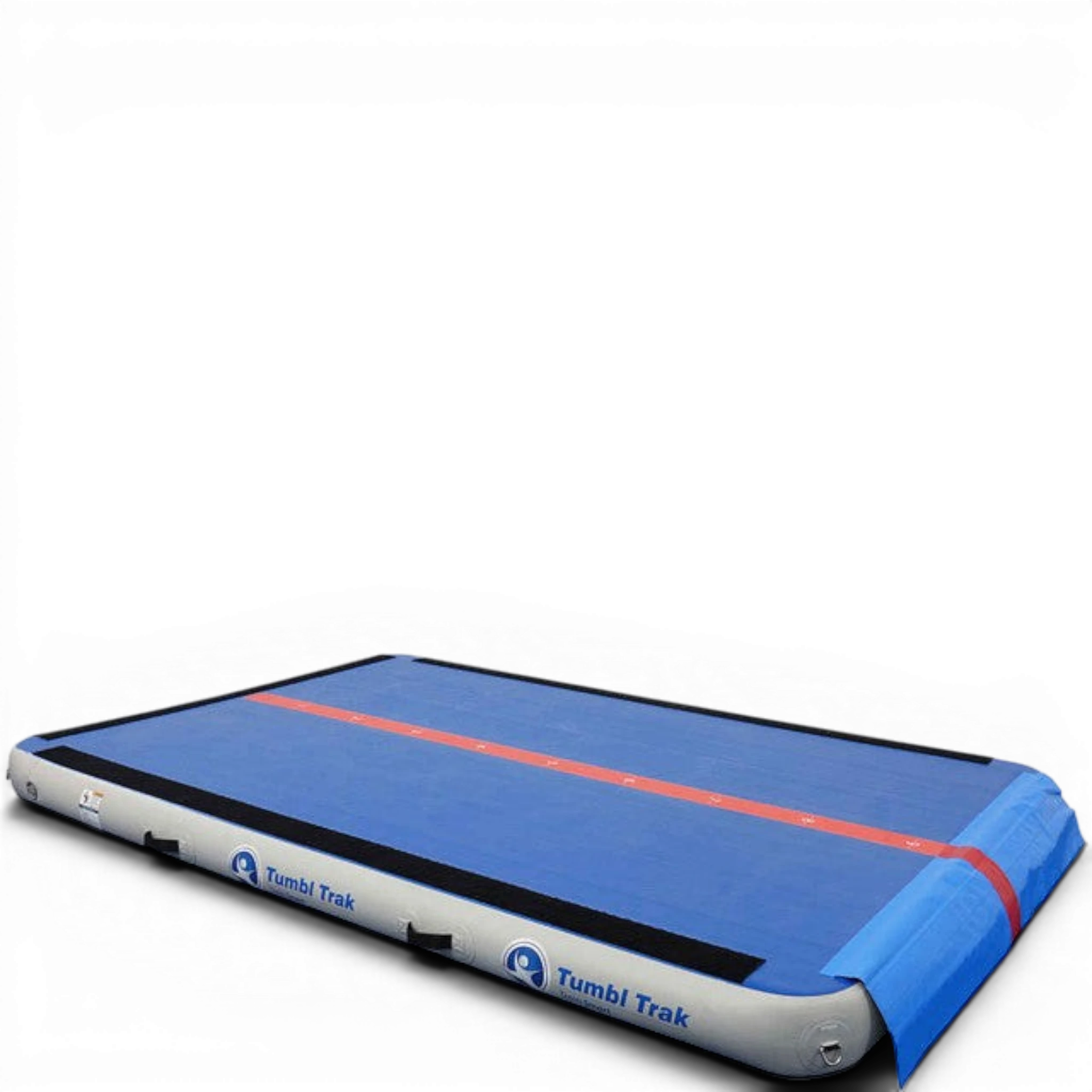 UK Gym Pits Air Floor Pro blue inflatable gymnastics tumbling mat with a red centre line and Velcro extension flap.