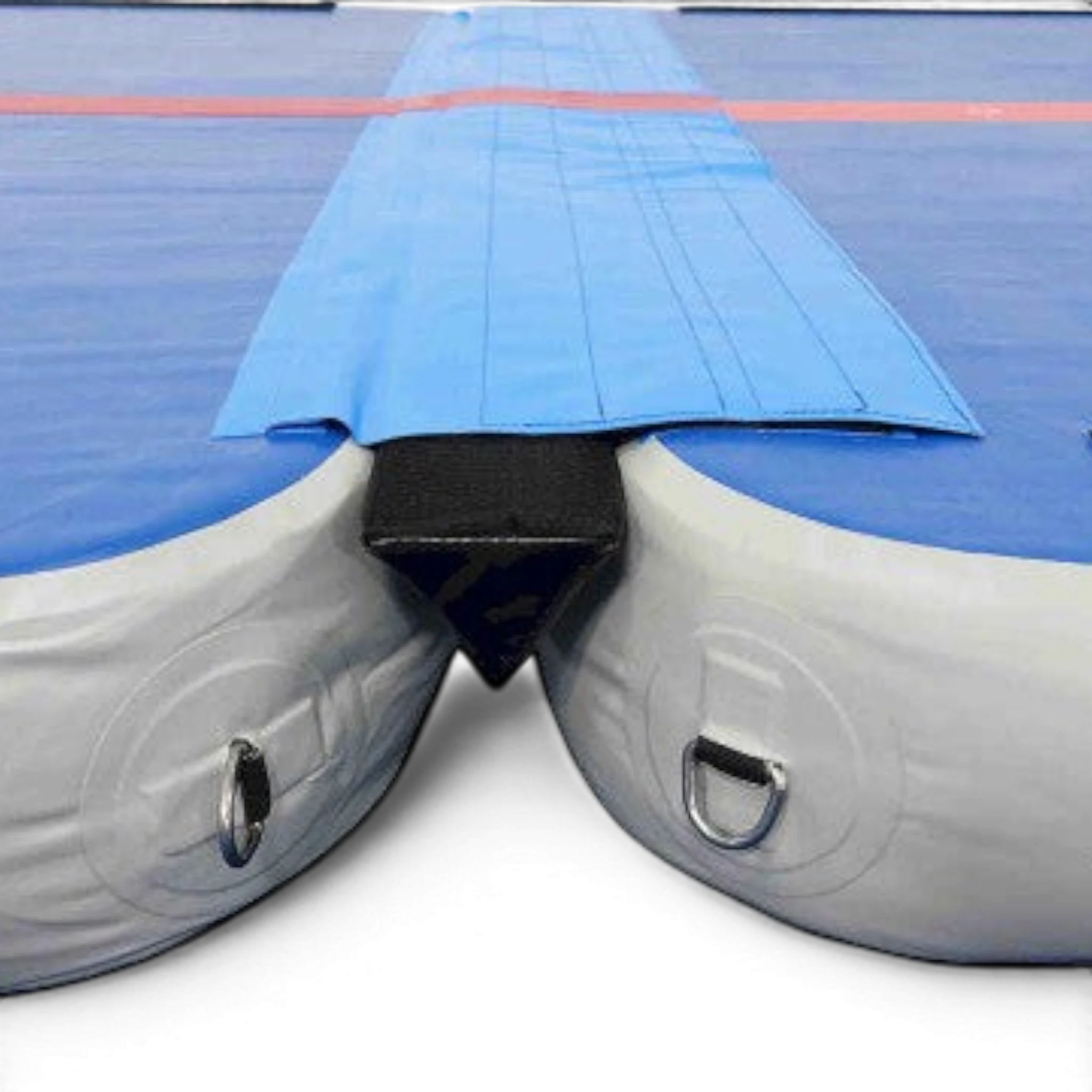 UK Gym Pits Air Floor Pro showing blue inflatable tumbling mat with velcro connection flap and metal D-ring attachments