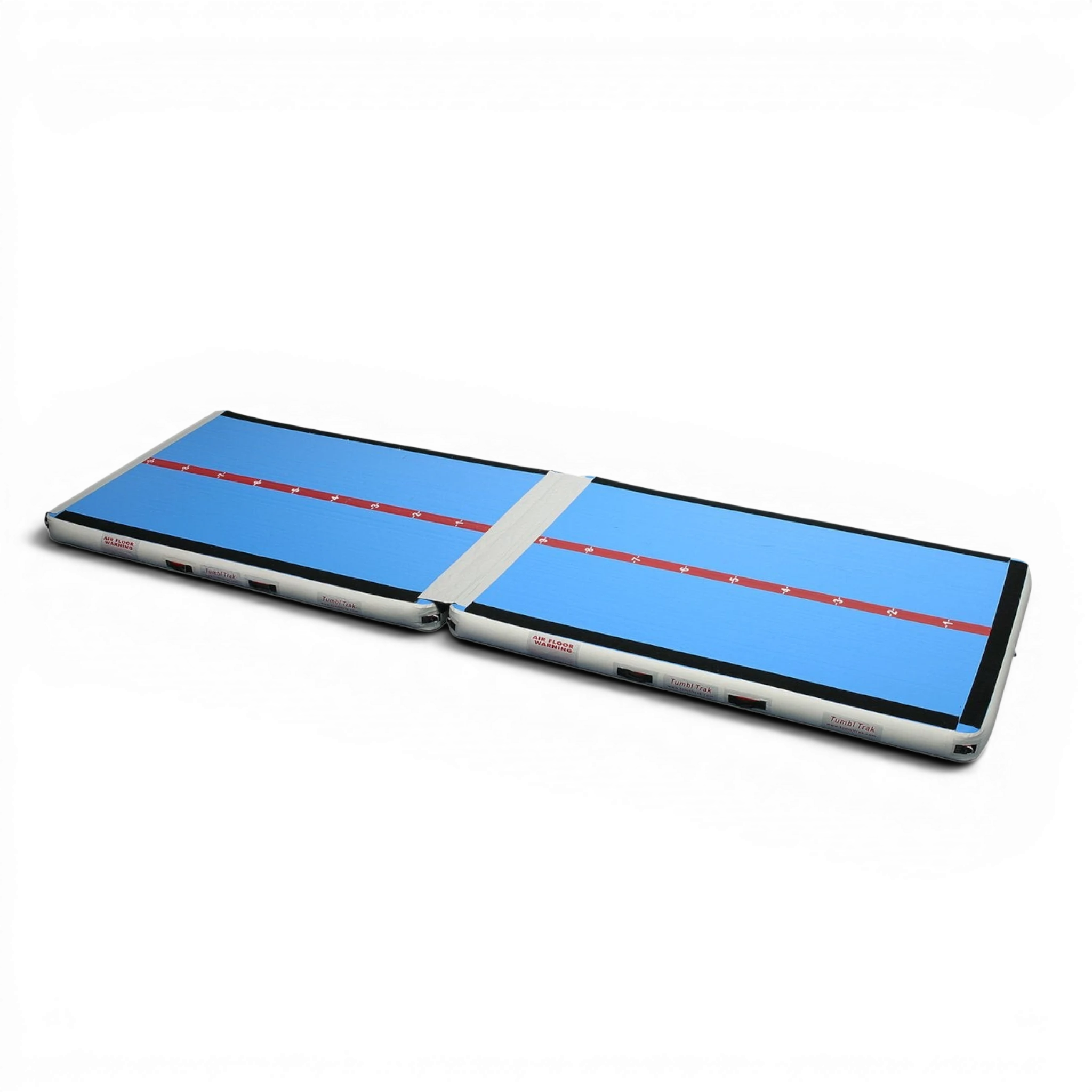 UK Gym Pits Air Floor Pro inflatable gymnastics tumbling mat with a blue surface and white edges on black background