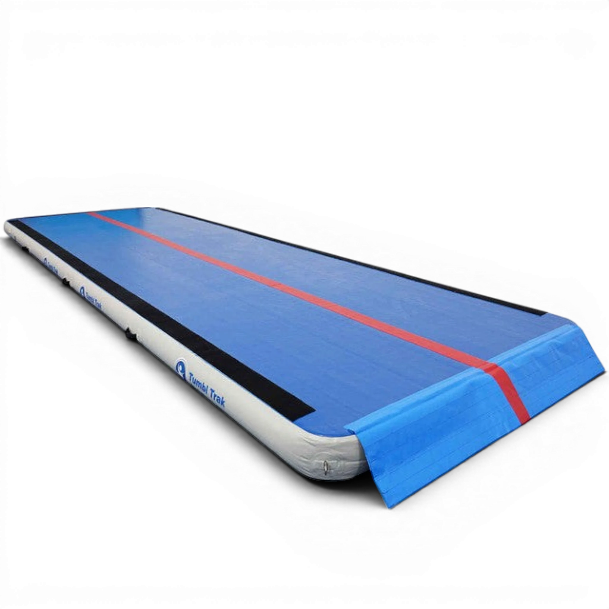 UK Gym Pits Air Floor Pro inflatable tumbling mat in blue with a red centre line and Velcro extension flap