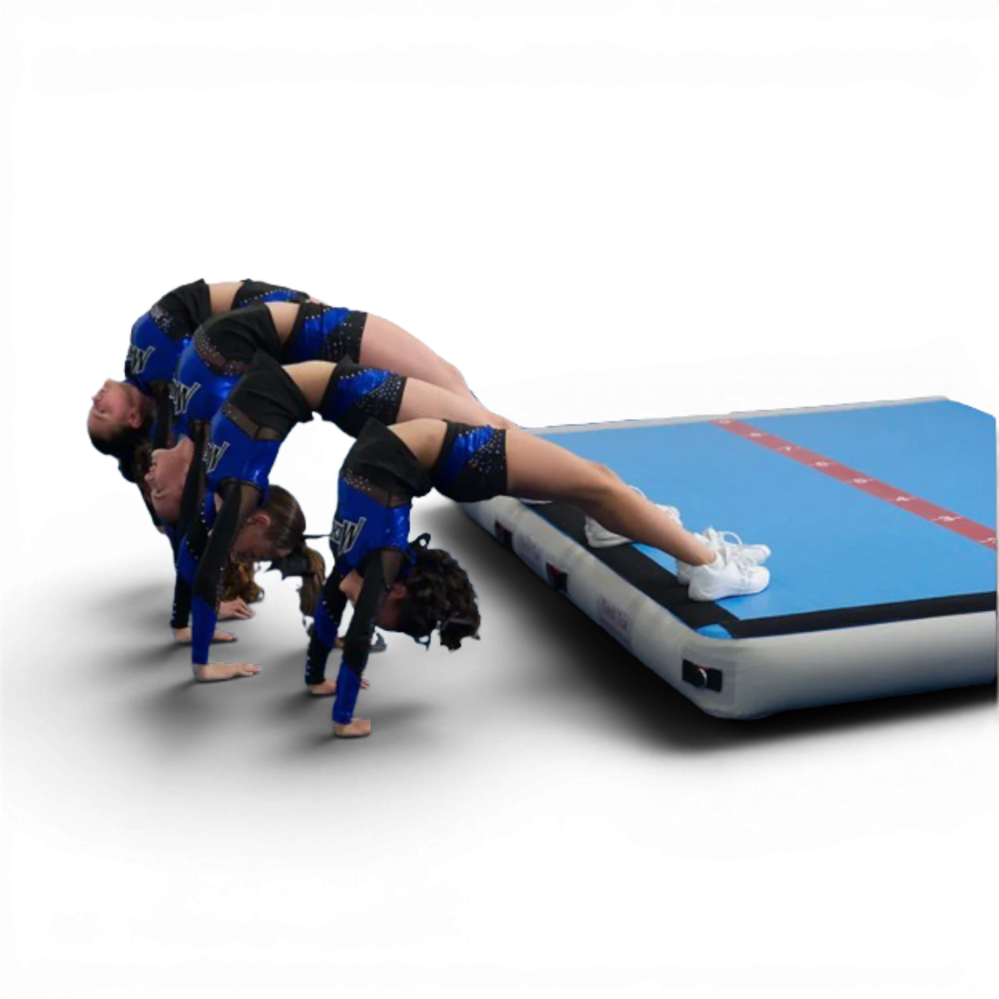 UK Gym Pits Air Floor Pro with a gymnast performing a back walkover on the blue inflatable tumbling mat