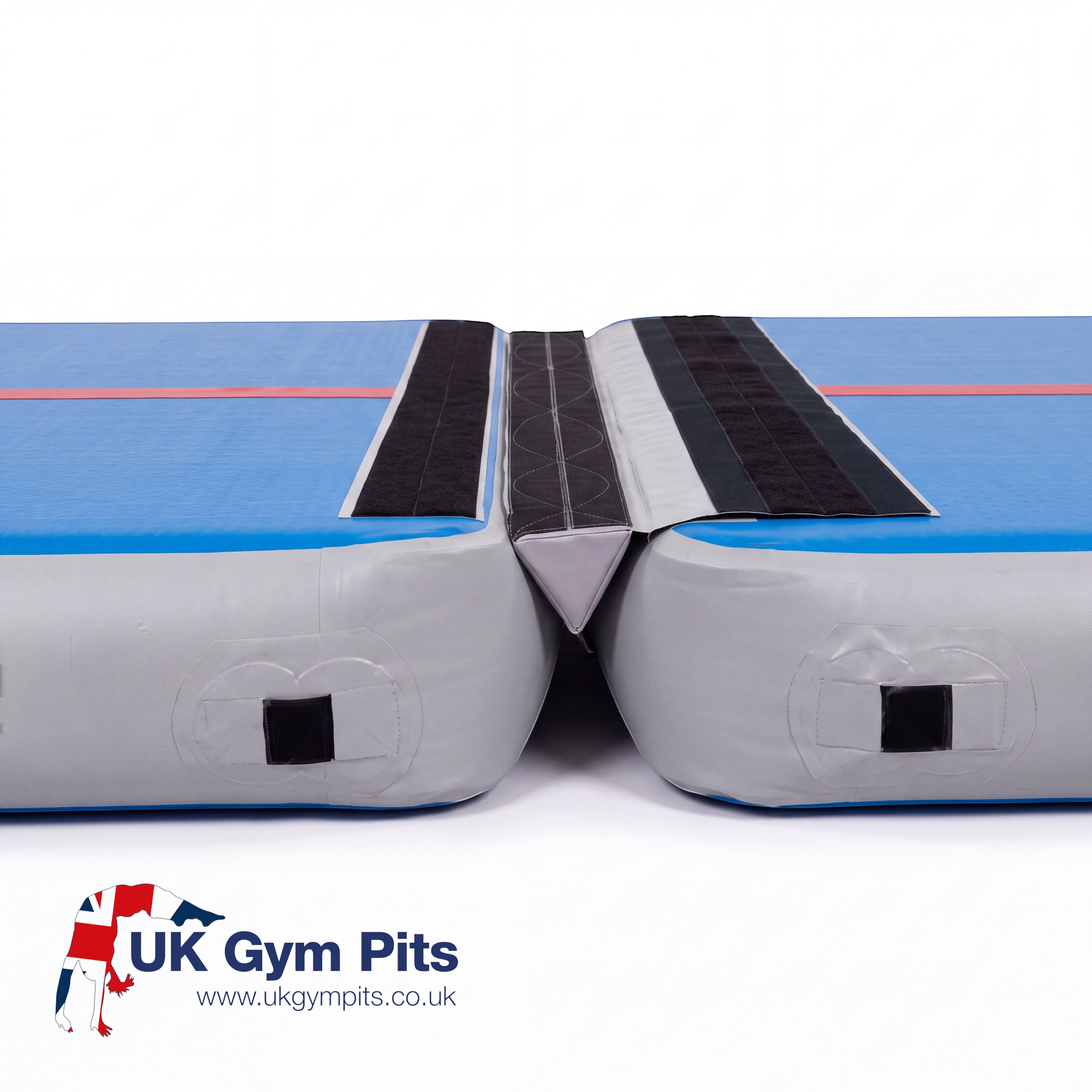 UK Gym Pits Air Floor Pro foam wedge fillers connecting two blue and grey inflatable gym mats with velcro strips