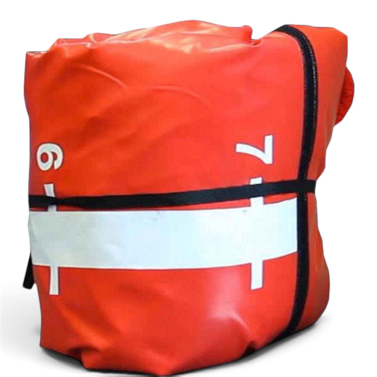 UK Gym Pits air platform package in bright orange vinyl with white distance markings, rolled and strapped for storage.