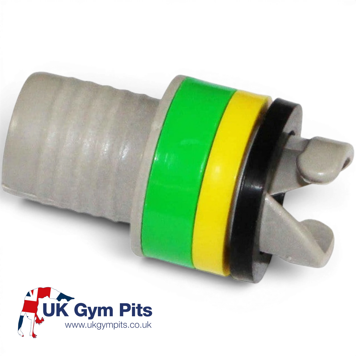 UK Gym Pits air pump adapter with grey nozzle and adjustable green, yellow, and black rings for air valves.