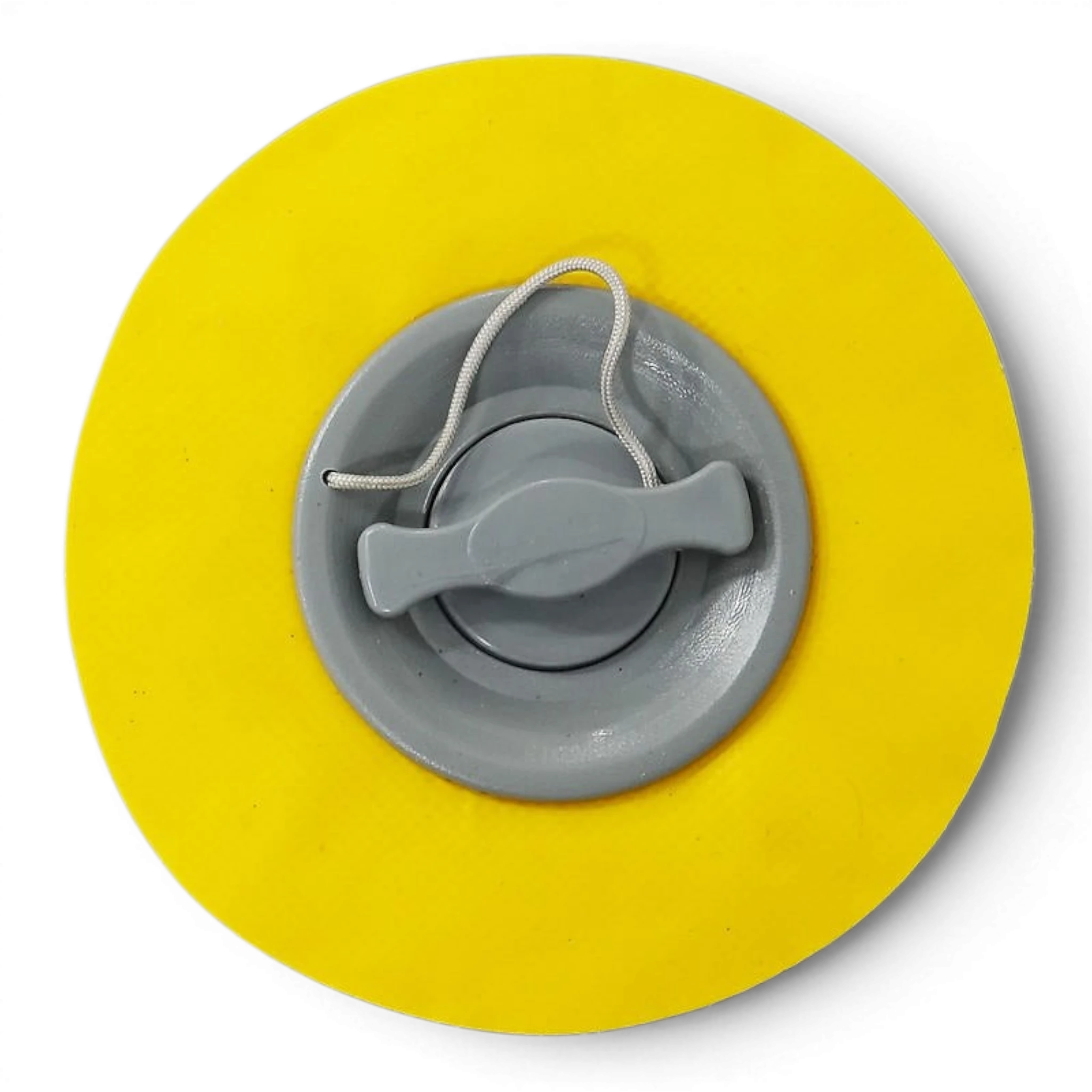 UK Gym Pits air pump adapter with a grey valve and yellow adjustable ring attachment for inflatable equipment.