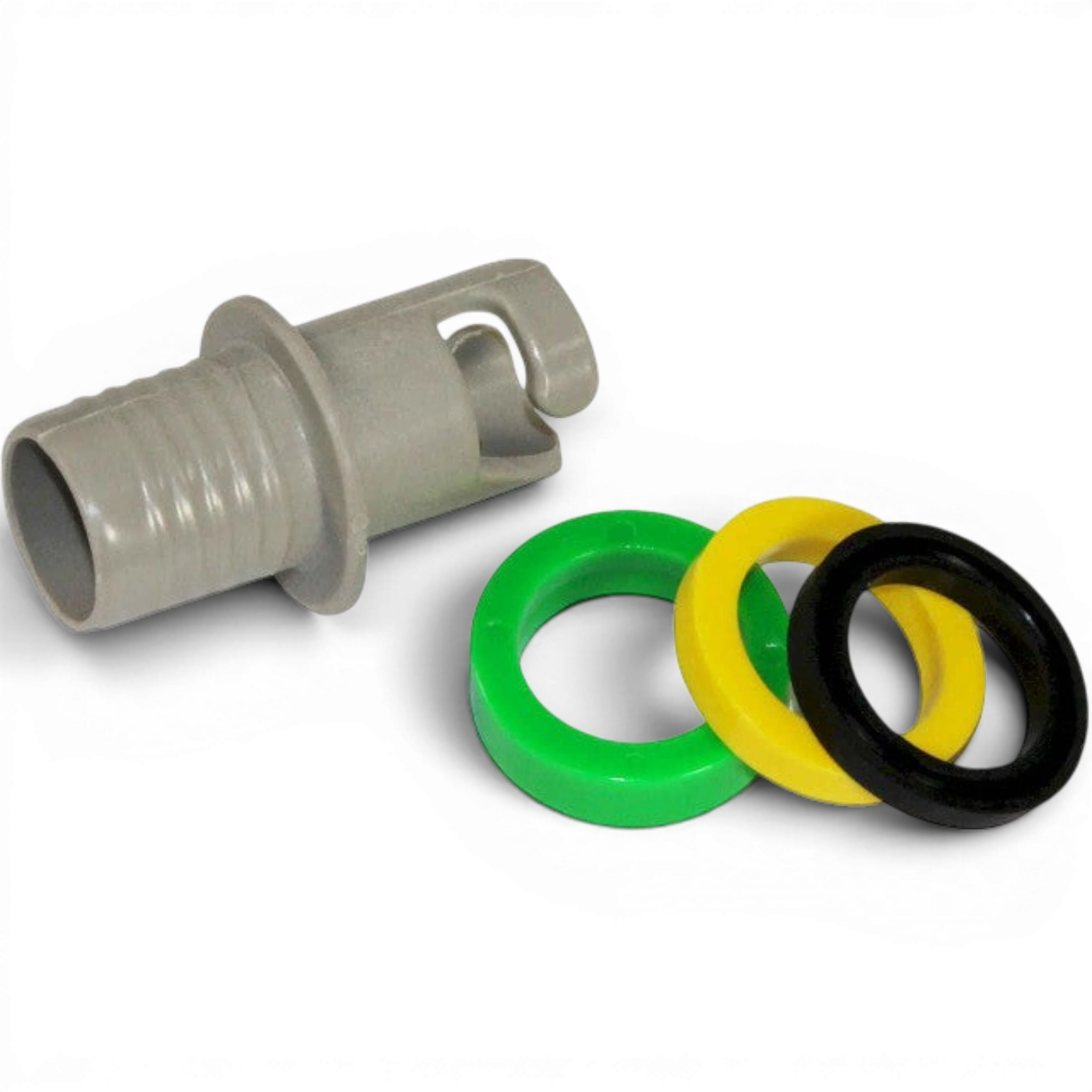 UK Gym Pits air pump adapter with grey nozzle and three interchangeable green, yellow, and black adjustment rings.